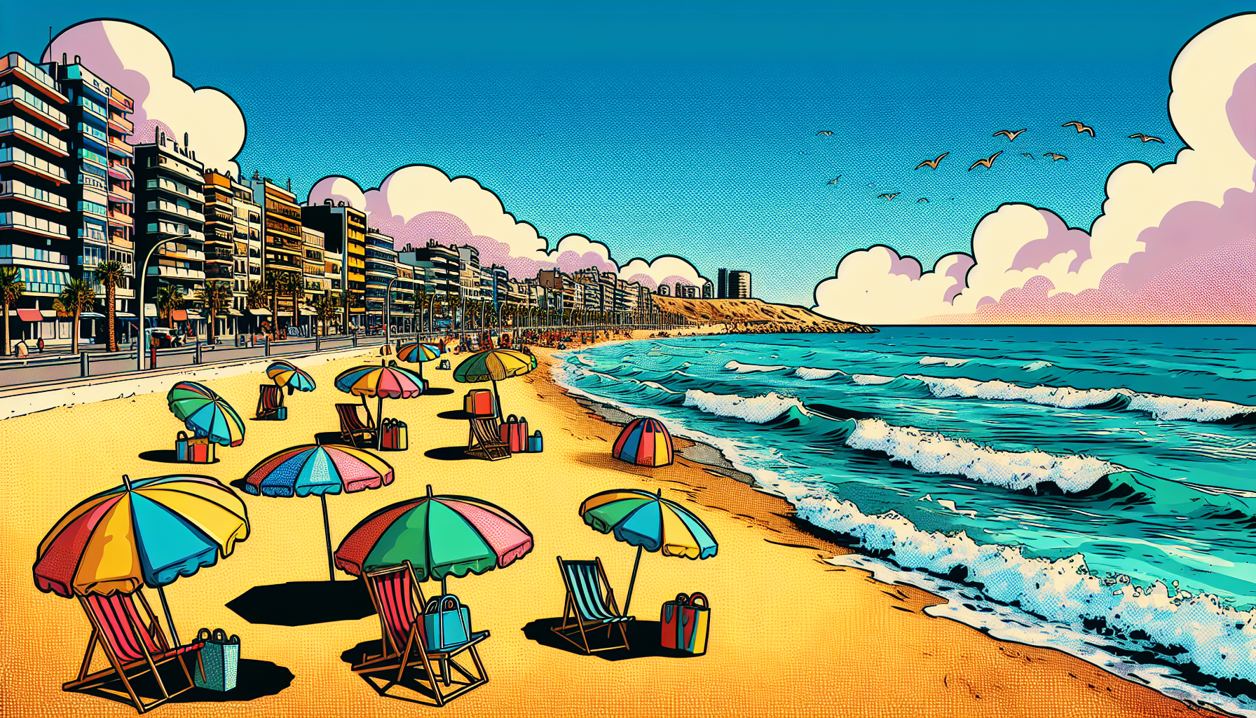 fondo de dibujo animado de una playa de Castellón, tiene que tener un estilo divertido