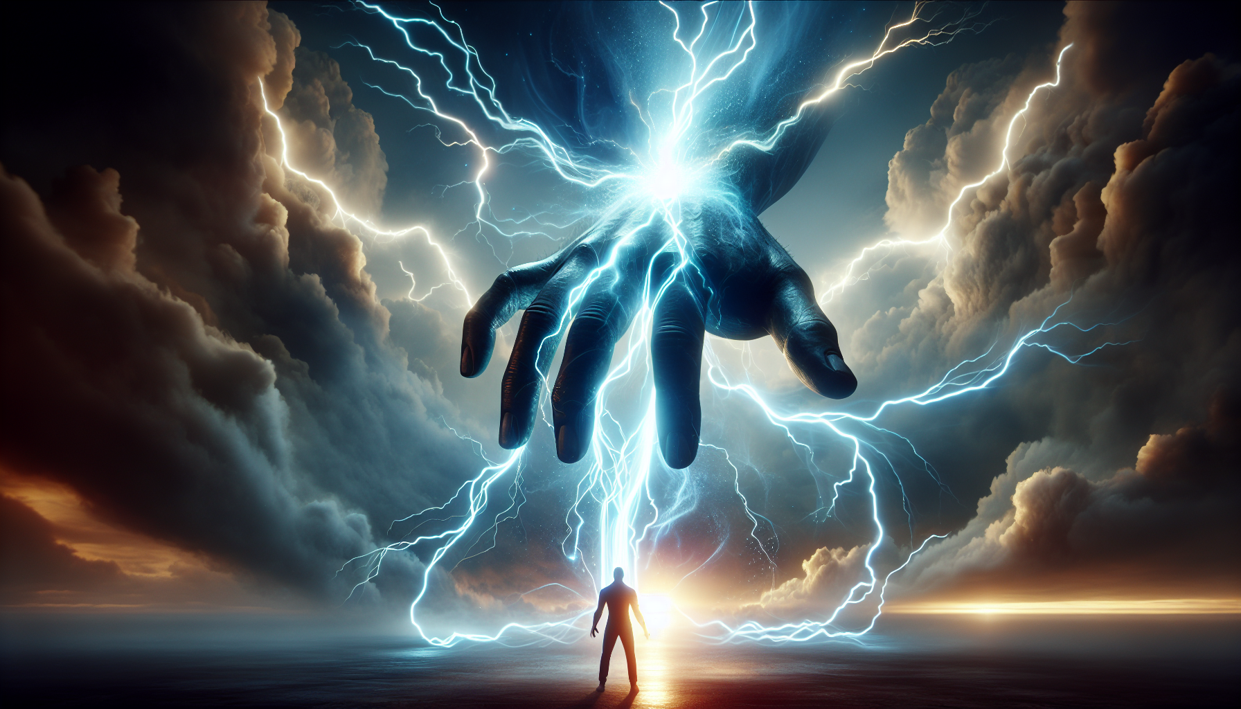 "A hand emerging from the sky, electrifying a being below with powerful energy. The scene is dramatic and surreal, with glowing lightning bolts arcing from the hand to the figure beneath. The being appears to be absorbing or reacting to the energy, illuminated by the electric currents. The background features stormy clouds and ethereal light, creating an intense atmosphere of power, mystery, and transformation.