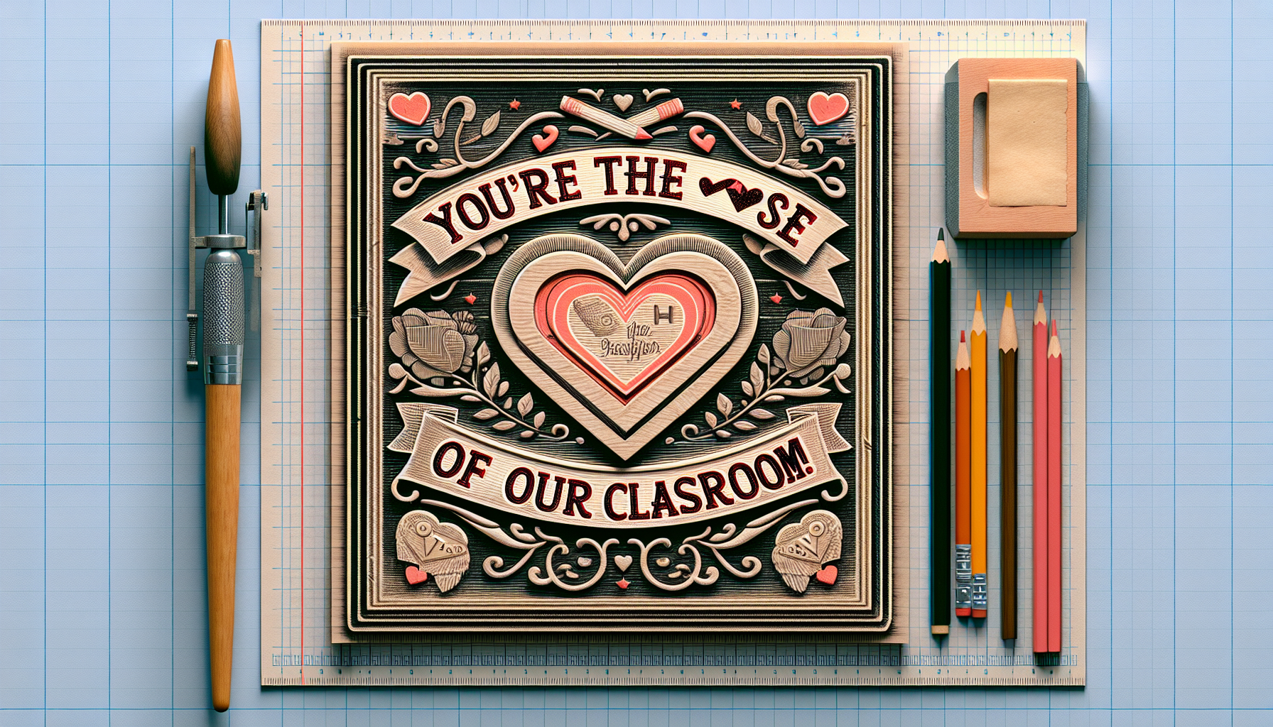 "Valentine's card design, photorealistic, hyperdetailed. Central typography reads 'You're the ❤ of our classroom!' rendered in 1950s educational letterpress font with precise dimensional depth, showing slight ink spread on textured cardstock. 8k resolution, octane render.
Setting: Charming classroom illustration with hyperdetailed wood grain on vintage teacher's desk, dimensional chalk writing on blackboard showing authentic dust particles, and period-accurate classroom decorations. Professional studio lighting creates subtle shadows emphasizing letterpress depth while maintaining text legibility.
Typography details: Main text features raised printing effect with slight dimensional shadows. Secondary decorative elements include delicate ruled lines and corner flourishes typical of 1950s educational materials. Each letter shows precise micro-texturing of ink interaction with paper fibers.
Material simulation: Cardstock texture with natural paper grain and slight aging effects. Subtle embossing around text edges. Pink and red elements show slight halftone pattern characteristic of period printing techniques.
Technical aspects: Advanced material properties for paper texture and ink absorption. Volumetric lighting enhances dimensional qualities of letterpress impression. Color grading emphasizes warm, nostalgic tones while maintaining crisp text contrast.
Composition: Text centered with balanced negative space, surrounded by detailed classroom vignettes rendered with subtle depth of field. Background elements show precise vintage printing registration with slight offset characteristics."