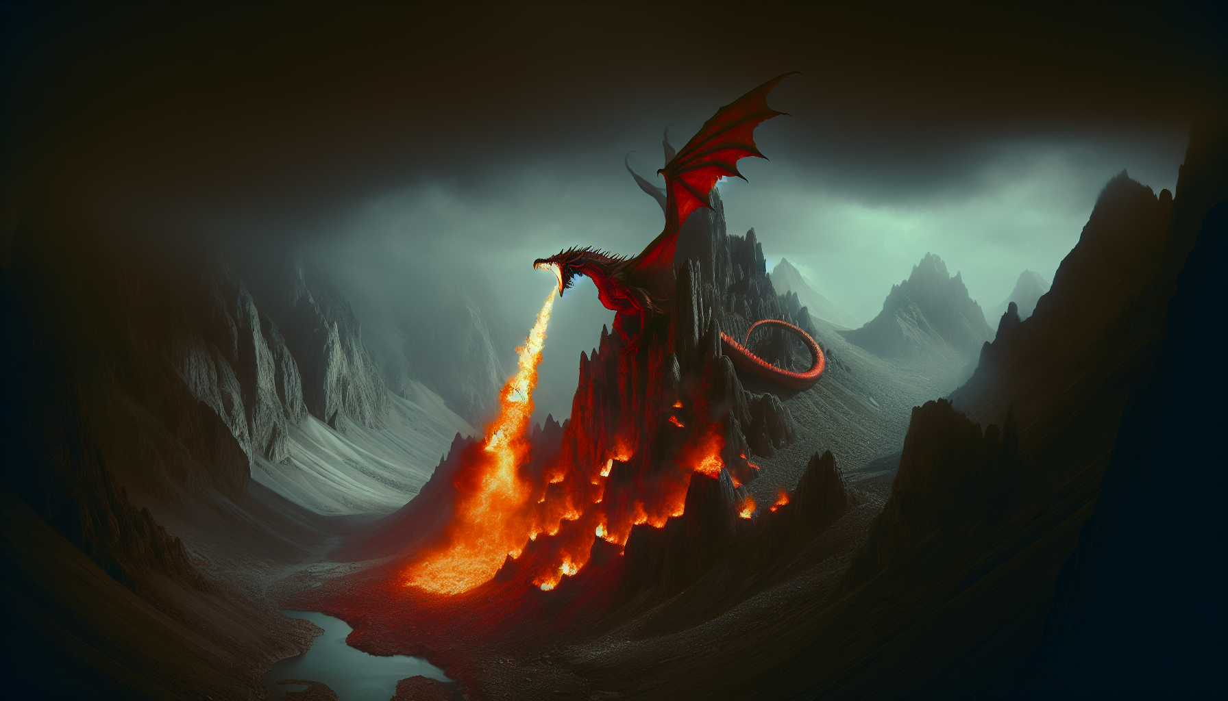 Red dragon breathing fire on top of a mountain with a dark sky over a wasteland.