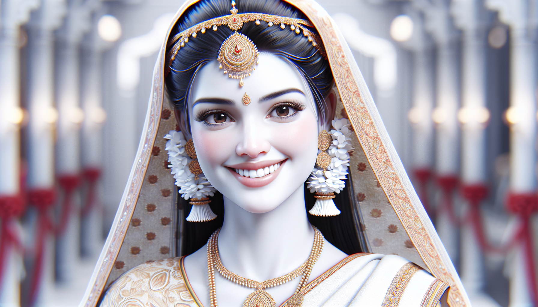princesse indienne à la peau blanche souriant et en habits traditionnels lors d'une fête religieuse
