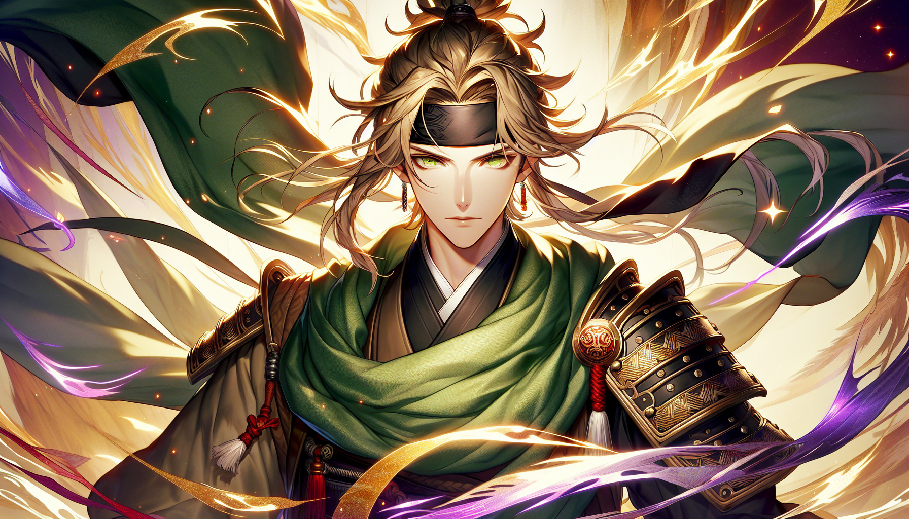 A powerful ninja in the Naruto anime style. He has a beige skin tone, dark blonde hair, and eyes that shift between brown and green. He stands in a dynamic battle stance, his expression fierce and determined. His clothing is inspired by traditional dark green shinobi outfits and black konoha headbands, with intricate armor details and flowing fabric that reacts to the wind. A strong aura surrounds him, with swirls of energy radiating in golden, purple, and red hues. The background depicts a dramatic battlefield or an ancient dojo, emphasizing his presence as a skilled warrior. The illustration is vibrant and detailed, capturing the essence of an elite ninja in the world of Naruto.