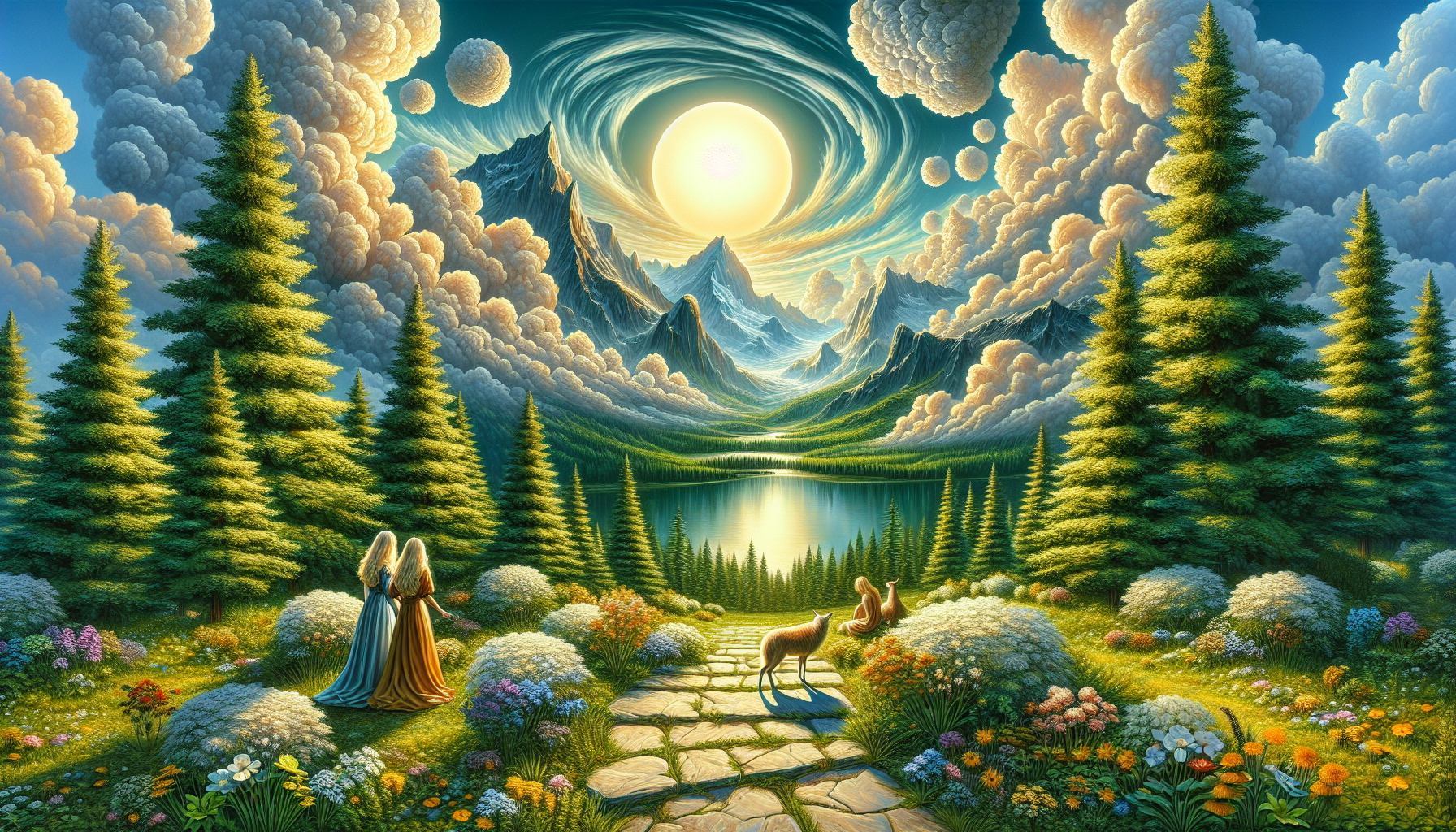 mountains, sunbeam, sun, pine trees, clouds, 2 blond women, wildflowers, stone path, lake, deer,