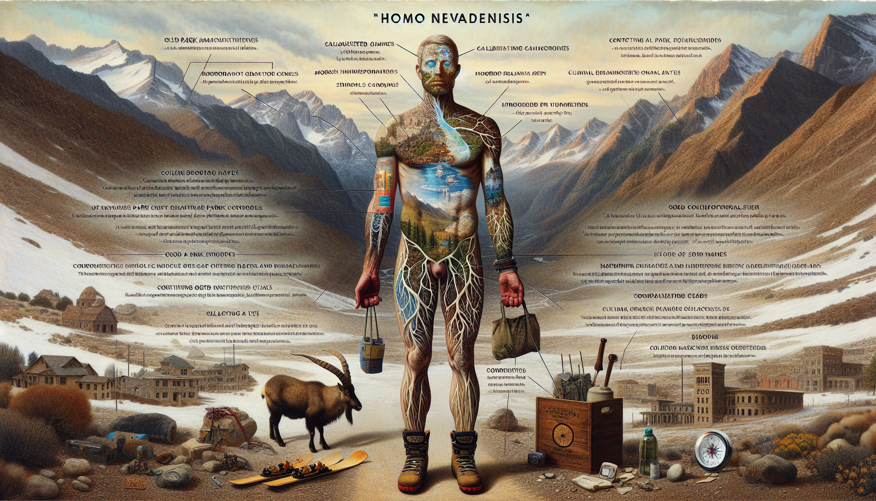 quiero que generes una imagen que represente lo siguiente, el homo nevadensis: Basándome en la descripción de Fidel en la entrevista, el "homo nevadensis" se representaría como una figura que encarna la simbiosis entre identidad humana y paisaje montañoso. Esta representación integra elementos físicos, culturales y simbólicos de Sierra Nevada: Características del "homo nevadensis" según Fidel: Cuerpo adaptado al entorno: Piel curtida por el clima alpino y la exposición al sol de alta montaña. Postura inclinada, reflejando décadas de ascensos por pendientes pronunciadas. Manos nudosas, marcadas por el uso de piolets, esquís y herramientas de montaña. Vestimenta híbrida: Chaquetón técnico moderno combinado con elementos tradicionales (faja alpujarreña, zurrón de esparto). Botas de esquí convertidas en parte del cuerpo, con raquetas de nieve como extensiones naturales. Elementos simbólicos integrados: Cabra montés emergiendo de su espalda, representando la fauna endémica. Acequias moriscas dibujadas como venas circulando bajo su piel. Ojos reflectantes con el perfil del Mulhacén y el Veleta. Atributos contradictorios: En una mano lleva una antigua llave de cadenas del Parque (crítica a las restricciones). En la otra, una bolsa con basura recogida durante sus excursiones (ética conservacionista). Mochila con esquís vintage y equipo moderno de trail running. Rasgos culturales: Tatuaje de la Virgen de las Nieves fundido con coordenadas GPS de los Tajos de la Virgen. Reloj de sol incrustado en el pecho, marcando horas de salida/ocaso en la montaña. Contexto ambiental: La figura estaría envuelta en un paisaje que combina: Capas geológicas: Esquistos nevadenses y rocas metamórficas como base. Dinámicas climáticas: Nieve efímera coexistiendo con arbustos xerófilos. Huella humana: Restos de antiguos neveros junto a infraestructuras turísticas modernas. Simbolismo clave: Pies enraizados: Uno en Granada urbana (adoquines históricos) y otro en alta montaña (permafrost). Aura lumínica: Combinando el resplandor alpino con la contaminación lumínica de la ciudad. Libro abierto: Con páginas que muestran desde mapas topográficos hasta códigos de gestión del Parque. Esta representación captura la esencia del "homo nevadensis" como entidad liminal, navegando entre: Tradición alpujarreña y modernidad turística Explotación económica y conservación ecológica Identidad local y globalización El diseño refleja las tensiones descritas por Fidel entre el acceso ilimitado a la Sierra y la necesidad de protegerla, encarnando la paradoja de quien vive de y para la montaña.