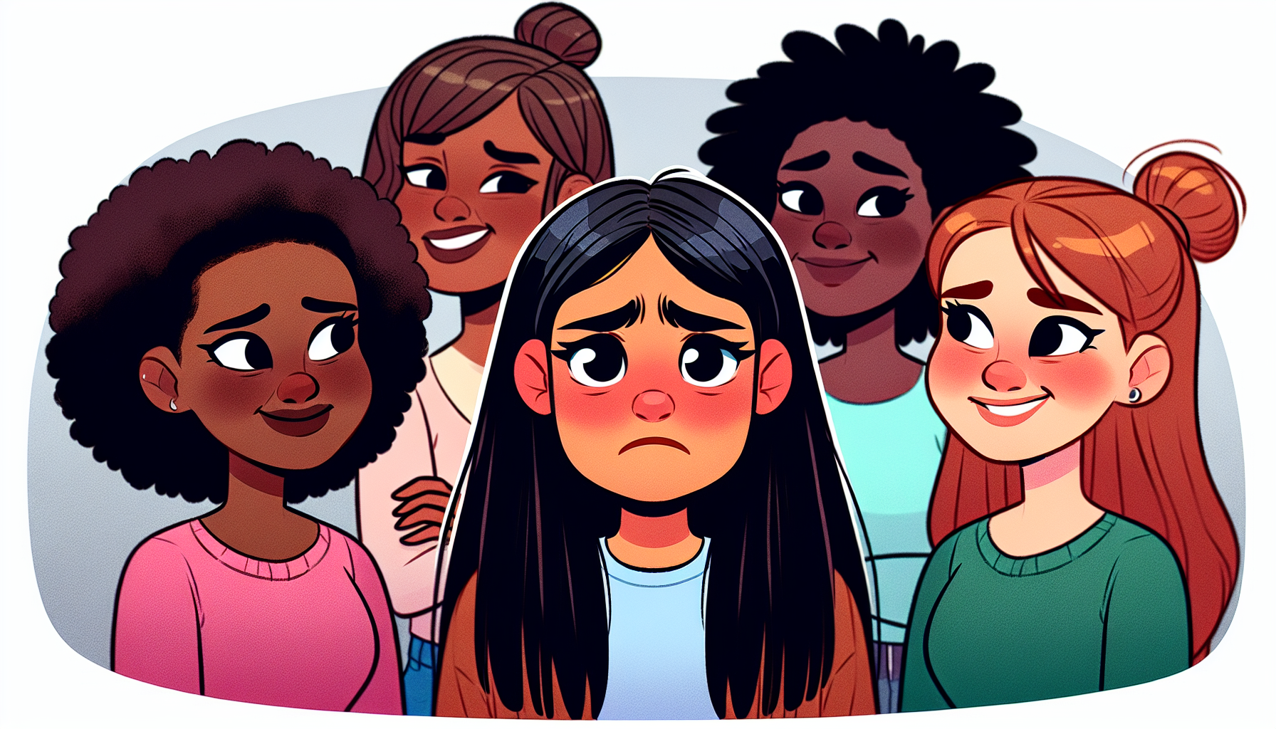 Show a girl looking confused or uncomfortable in a social situation. being around mean girls. cartoon. different races
