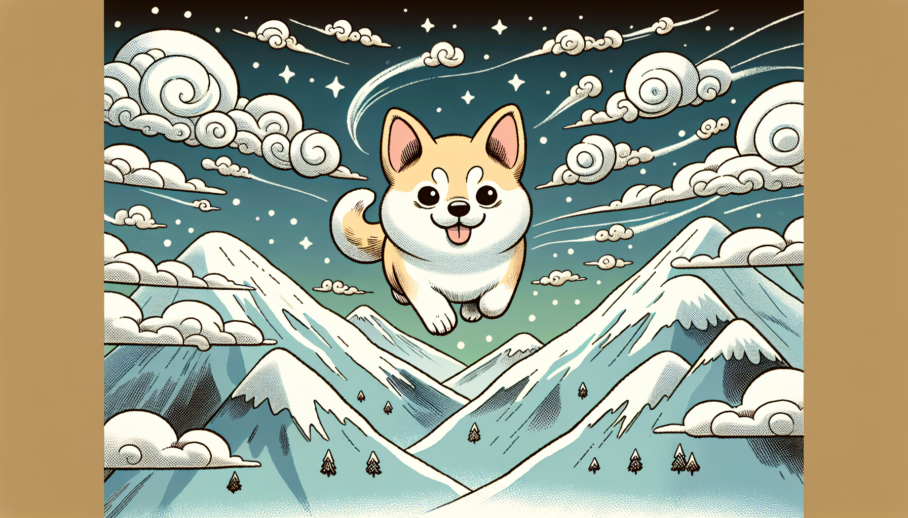 crea una imagen de un perro volando sobre las montañas de nieve