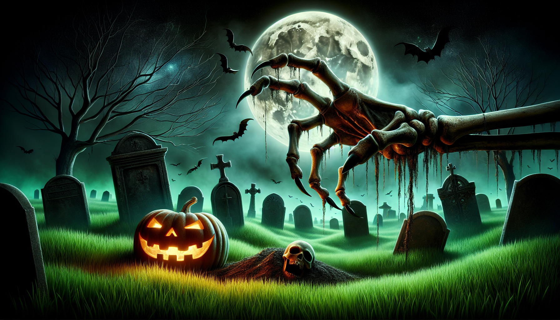 Zombie hand reaching out of the ground in a graveyard, grabbing a jackolantern in the foreground. Gravestones and grass plus Moon and bats flying in the background night sky. 