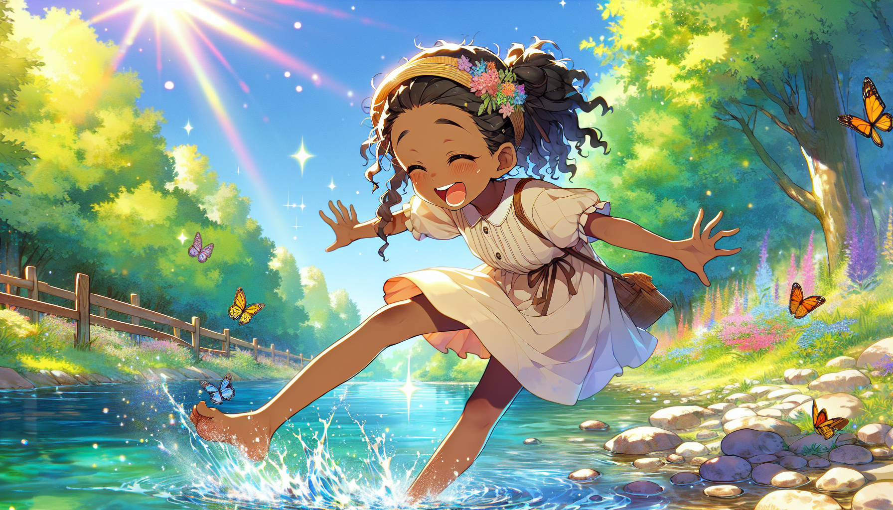 “A cheerful young girl playing on a river’s embankment, splashing water with her feet, wearing a simple dress, sunlight glinting on the rippling water, lush green trees in the background, clear blue sky, butterflies fluttering nearby — realistic, vibrant colors.”