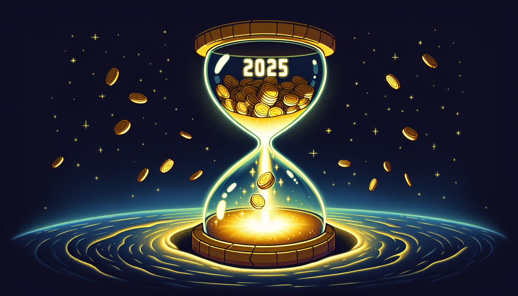 A cartoon hourglass floating in deep space, with gold coins pouring out the top and turning into dust at the bottom, the year ‘2025’ glowing ominously across the center