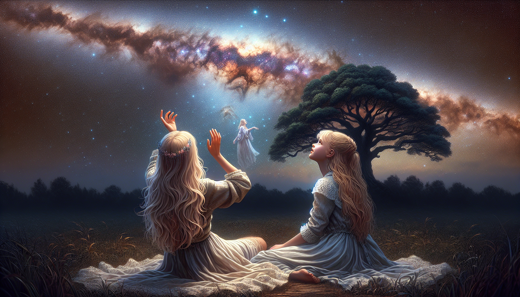 2 blonde girls looking at the night sky - one is lying down - the other is raising her hands to the sky, Milky Way nebula, distant angel, oak tree