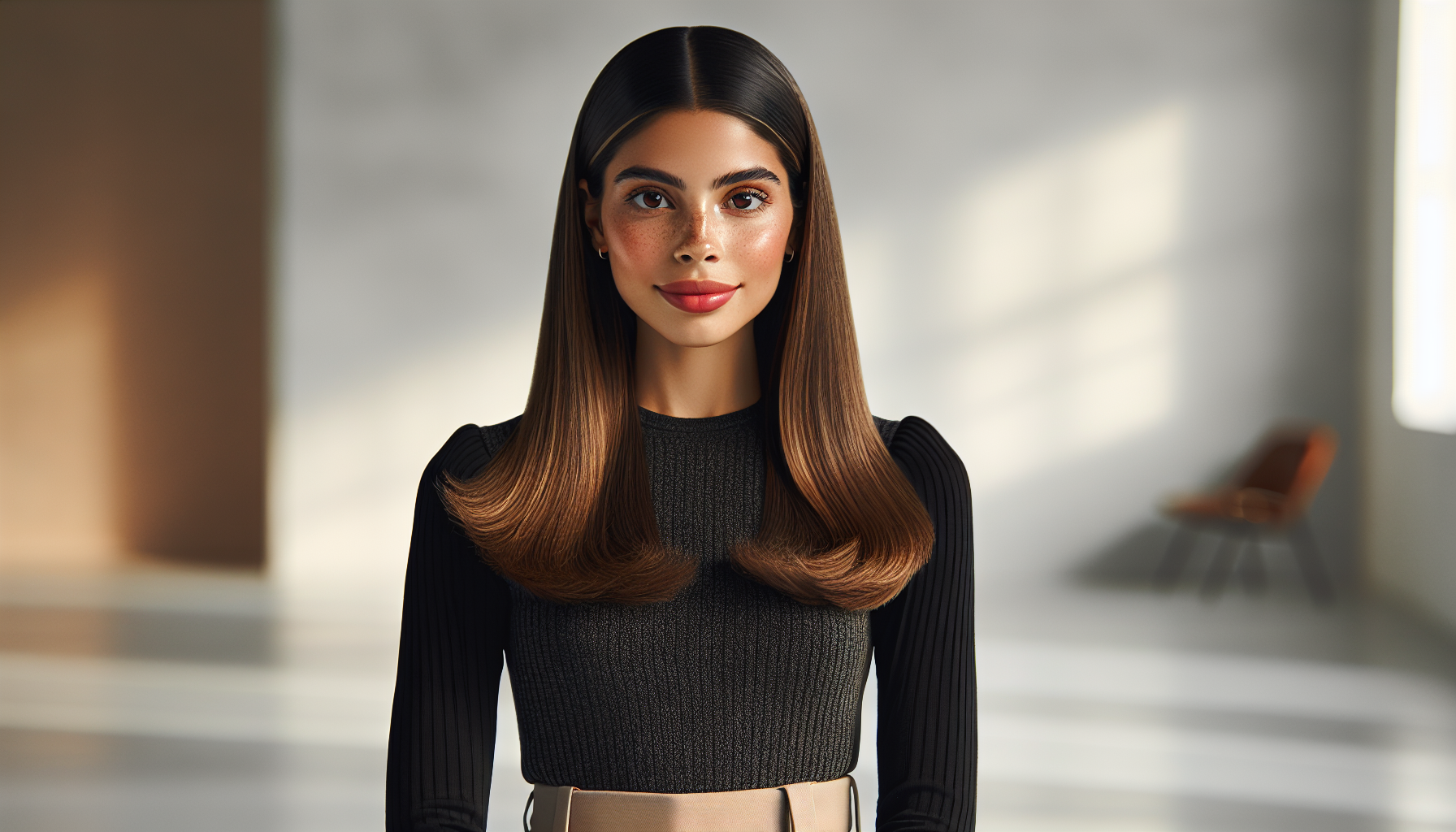 A beautiful young latina woman with light skin and soft freckles, deep brown expressive eyes, delicate facial features, light pink blush, full red lips with subtle dimples, oval-shaped face, long straight light brown hair parted in the center with strands falling softly over her forehead, wearing a stylish black top with high-waisted beige pants, standing confidently in a modern minimalistic room with natural soft lighting, elegant pose, full body, photorealistic, professional fashion photography, soft shadows, cinematic atmosphere, high resolution