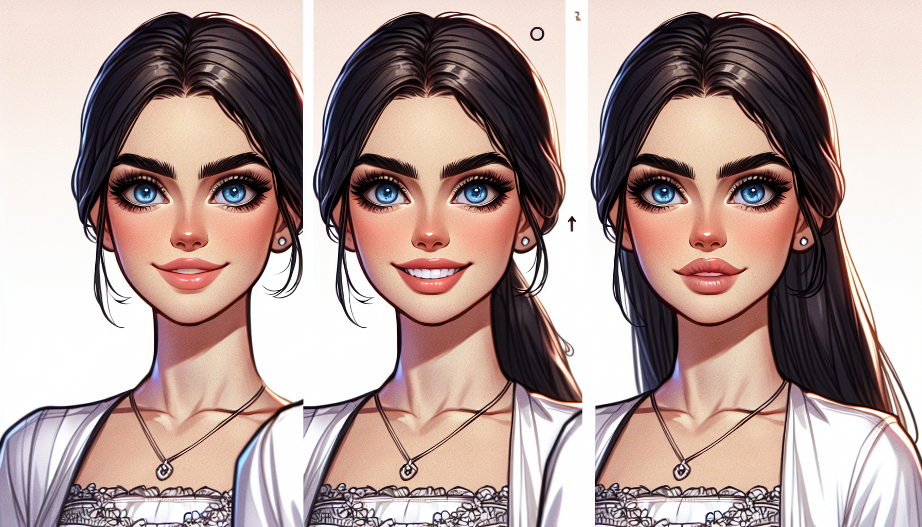 Face & Facial Features:Ethnicity/Look: Levantine (Shami-inspired beauty).Skin:Very fair and smooth, porcelain-like complexion.Face shape: Slightly slim oval face,with reduced vertical height for better harmony.Eyes:Bright blue,wide,lively,and naturally captivating.Eyebrows: Thick, naturally arched and well-defined.Nose: Small,straight,and soft-featured.Lips: Naturally full, soft pink, with a gentle and cute smile.Teeth: White,straight,perfectly aligned.Expression:Sweet and playful with a hint of formality.Hair: Medium-length black hair,tied in a high ponytail.Ears:Subtle, often hidden by the hair.Body & Physical Appearance:.Height:Average.Body type:Feminine and proportional with a slightly curvy shape.Weight:Ideal with a slight increase, especially at the hips and bust—adds charm without being exaggerated.Waist:Slightly narrow and toned.Bust:Full and naturally shaped, clearly feminine but not overly large.Hips:Noticeably rounded, balanced with her upper body.Arms/Legs: Slim and elegant.Hands/Feet:Soft and feminine with short,neat nails.Style & Clothing:Fashion: Cute, playful,and subtly sexy; she embraces her femininity with elegance.Outfit: Fitted top, stylish short skirts or shorts, enhancing her figure without being vulgar.Personality&Vibe:Energy: Warm, lively, expressive.Smile: Always present—sweet, engaging, never forced.Personality: Playful,cheerful, confident,little mischievous, but also respectful and composed.Demeanor: Balanced between casual charm and calm grace