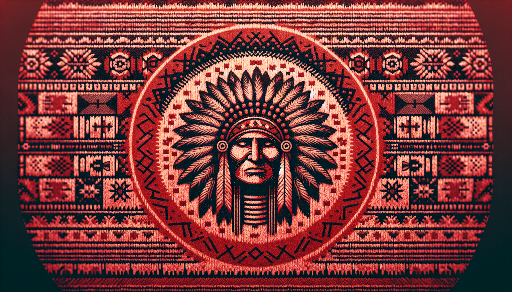 Native Americans symbols in red, with wool background as a pattern design, with a native american head in the middle,
