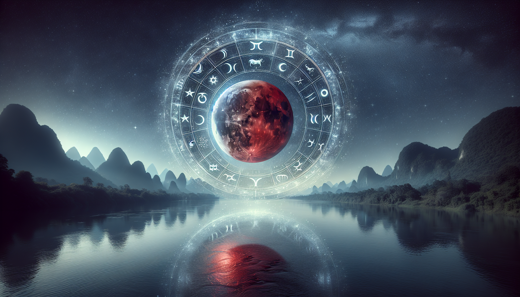The blood moon eclipsed, astrological wheel of zodiac forming in the heavens above the river