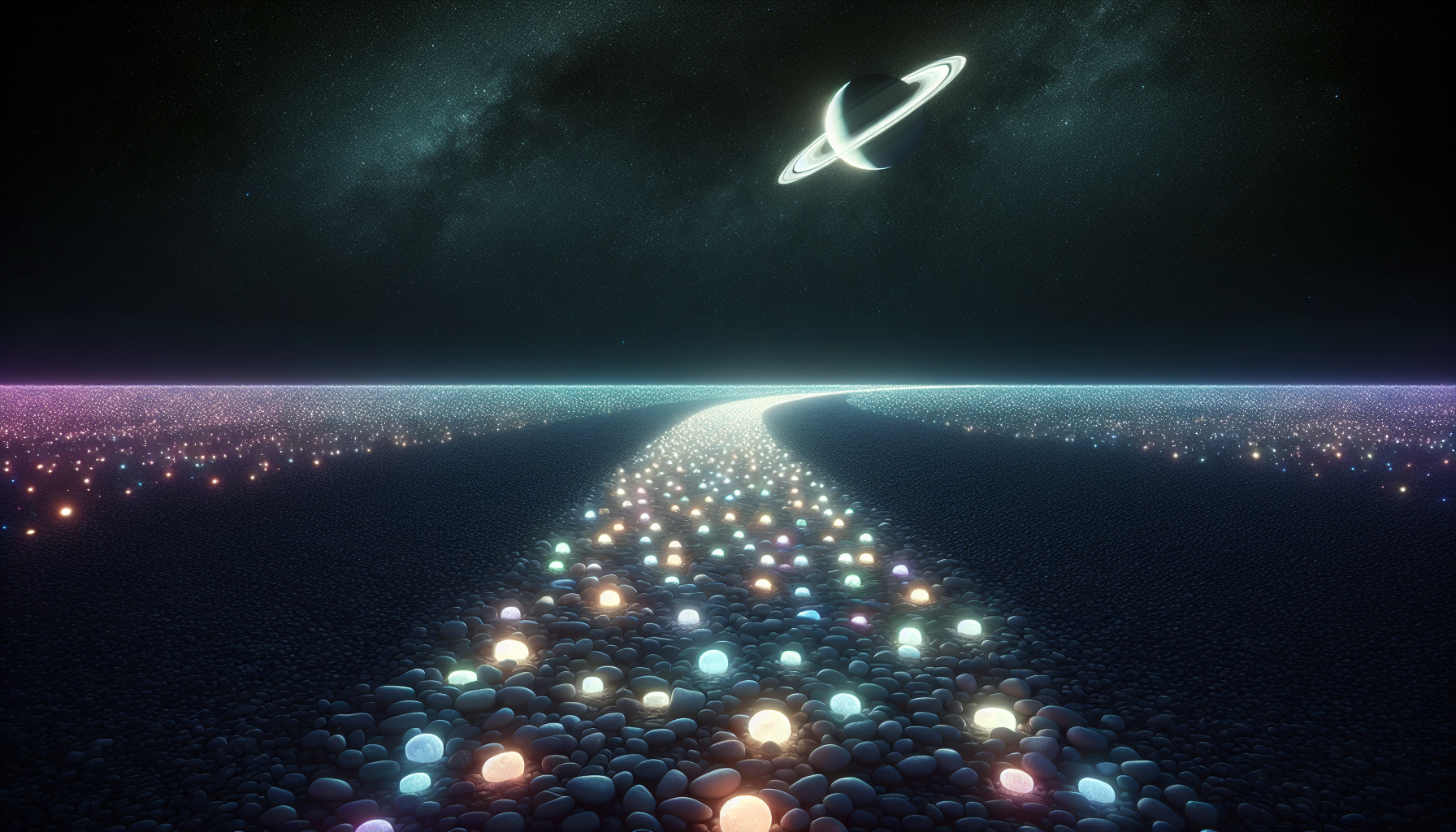 A pathway of glowing stones leading toward Saturn in a shadowy sky.
