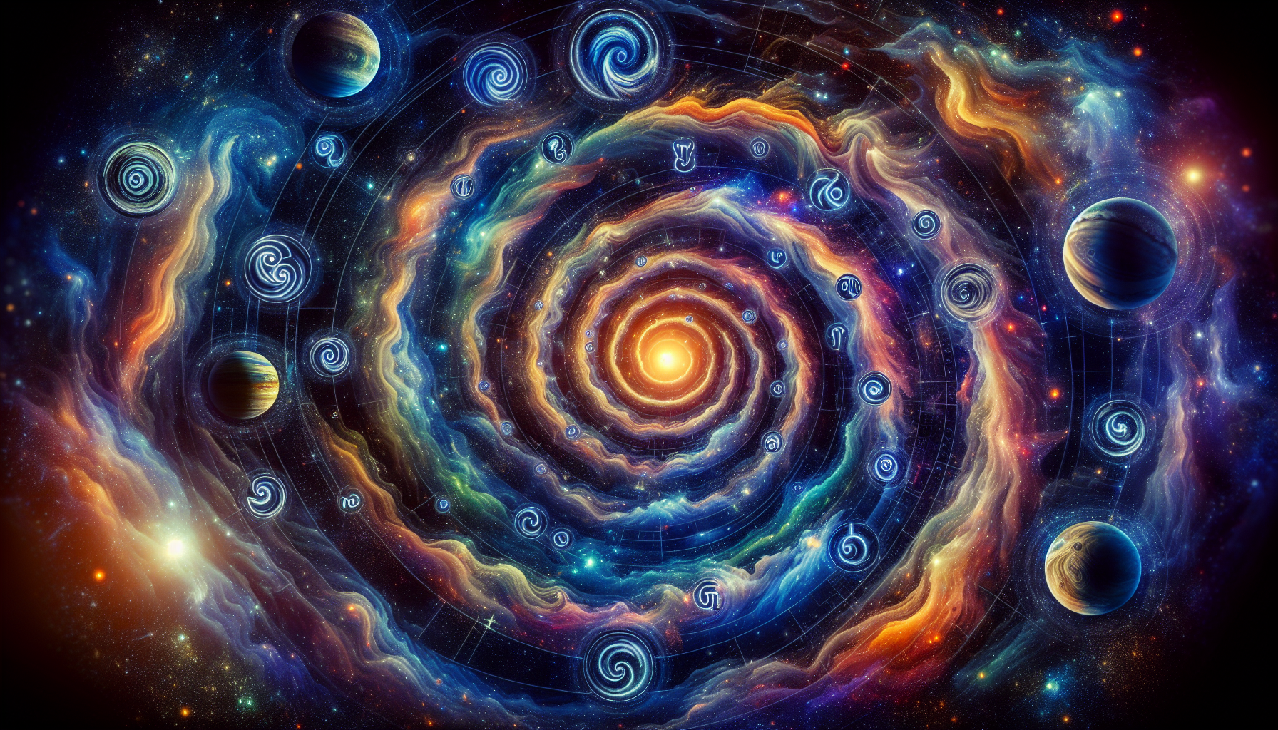 Planets orbiting through a spiral of energy forming zodiac patterns