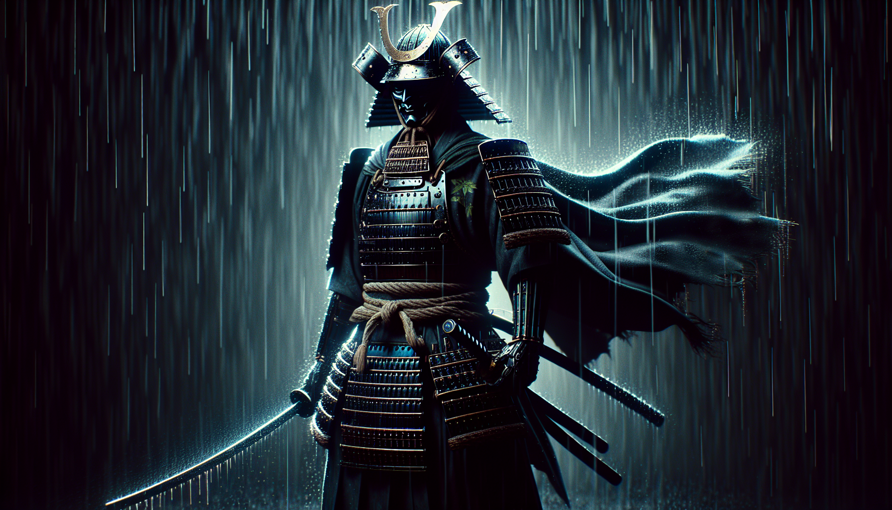 a cinematic anme portrait of a mysterious samurai under the rain, ultra detailed, dramatic lightin, 4K, anime style