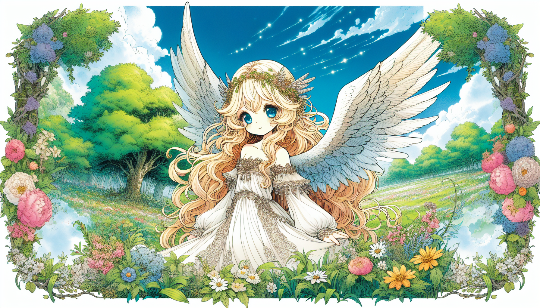 cute angel girl,blonde hair,white wings,dress.grass,flowers,sky,trees