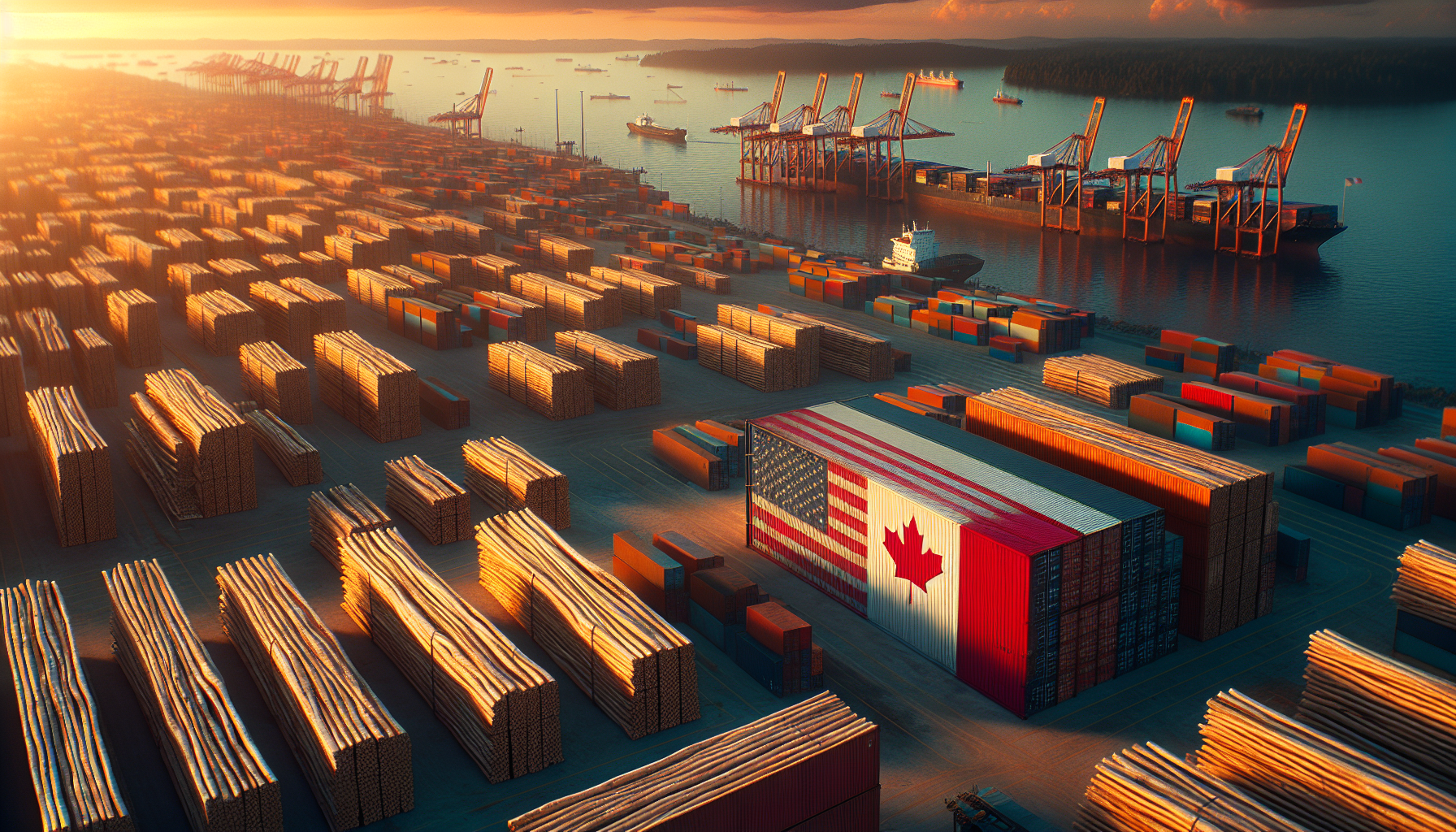 cinematic aerial view of massive lumber yard with stacked timber and cargo containers, one container painted with a weathered American flag, another with a bright Canadian flag, dramatic sunset lighting, tension-filled atmosphere, realistic details, global trade war theme, high contrast, cinematic color grading, ultra-realistic, 16:9