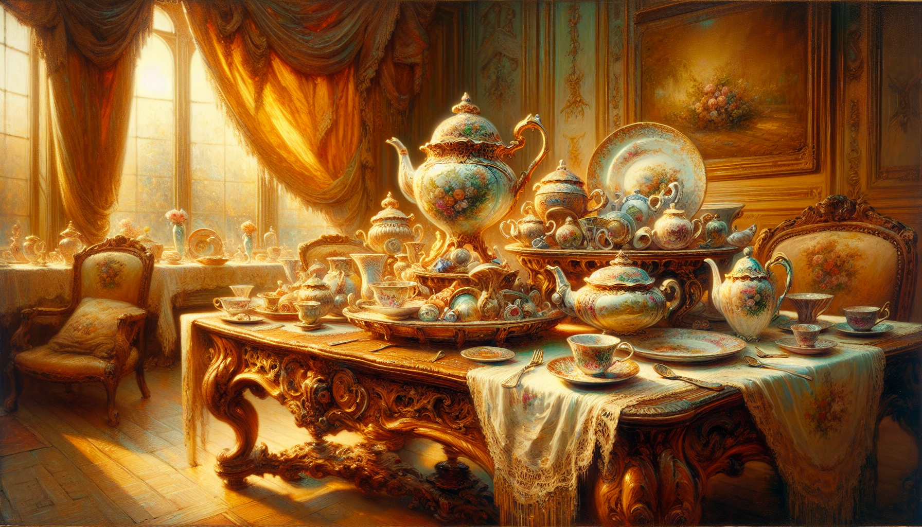 A richly detailed, hyperrealistic yet impressionistic painting inspired by Berthe Morisot, Louis Royo, Pino Daeni, and Michael Garmash, featuring a whimsical scene reminiscent of Beauty and the Beast. The focal point is an ornate, antique wooden table bathed in warm, golden afternoon light, with lively teapots and plates animatedly arranging themselves atop the table. The living porcelain pieces have expressive faces and delicate, hand-painted floral patterns, their movements captured with energetic, textured brushstrokes. The background is softly blurred, with hints of a grand, elegant dining room and lush drapery, while the overall color palette blends creamy whites, soft pastels, and rich amber tones, evoking a magical, inviting atmosphere.