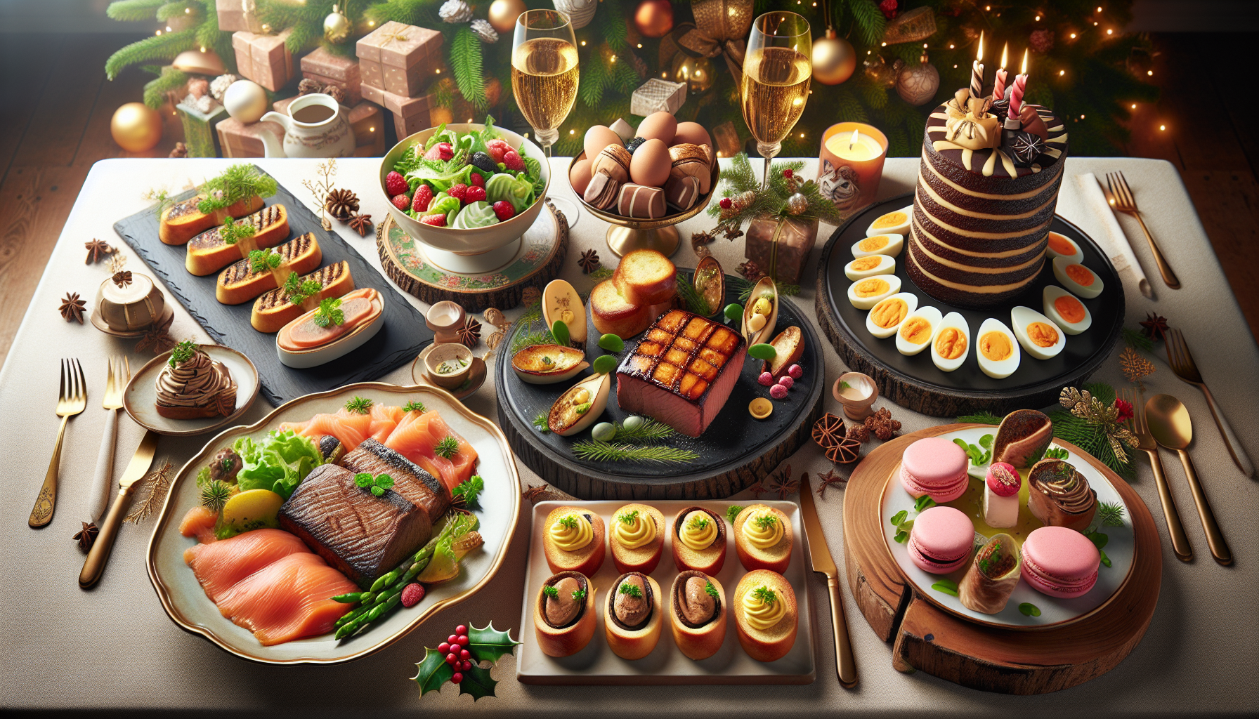 -Foie gras sur toasts briochés grillé / Saumon fumé sur des pains blinis
-Œufs mimosa avec une salade verte
-Filet de bœuf en croûte, purée de pomme de terre
- Bûche de Noël pâtissière avec pleins de Macarons
Créer moi une image très réaliste, présentant ces plats, sur une table, dans des plats de présentation, sur le thème de Noël, pour donner envie à ma famille et les mettre en valeurs, les rendre appétissant. 