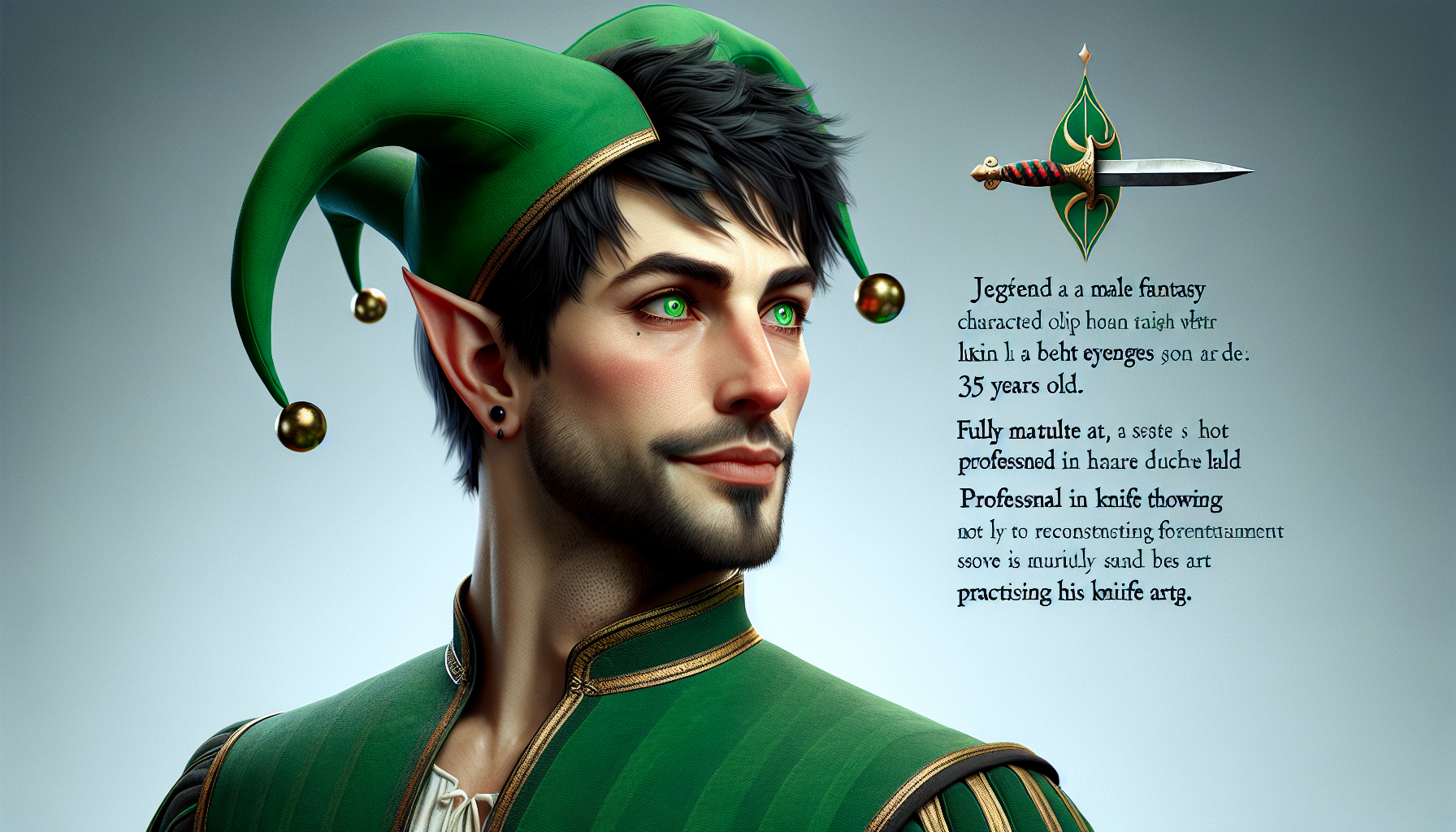 fantasy character: he is a jester with short black hair (green eyes) and a jester's hat. He is 35 years old, has no scars, and little beard. His main job is knife throwing.

