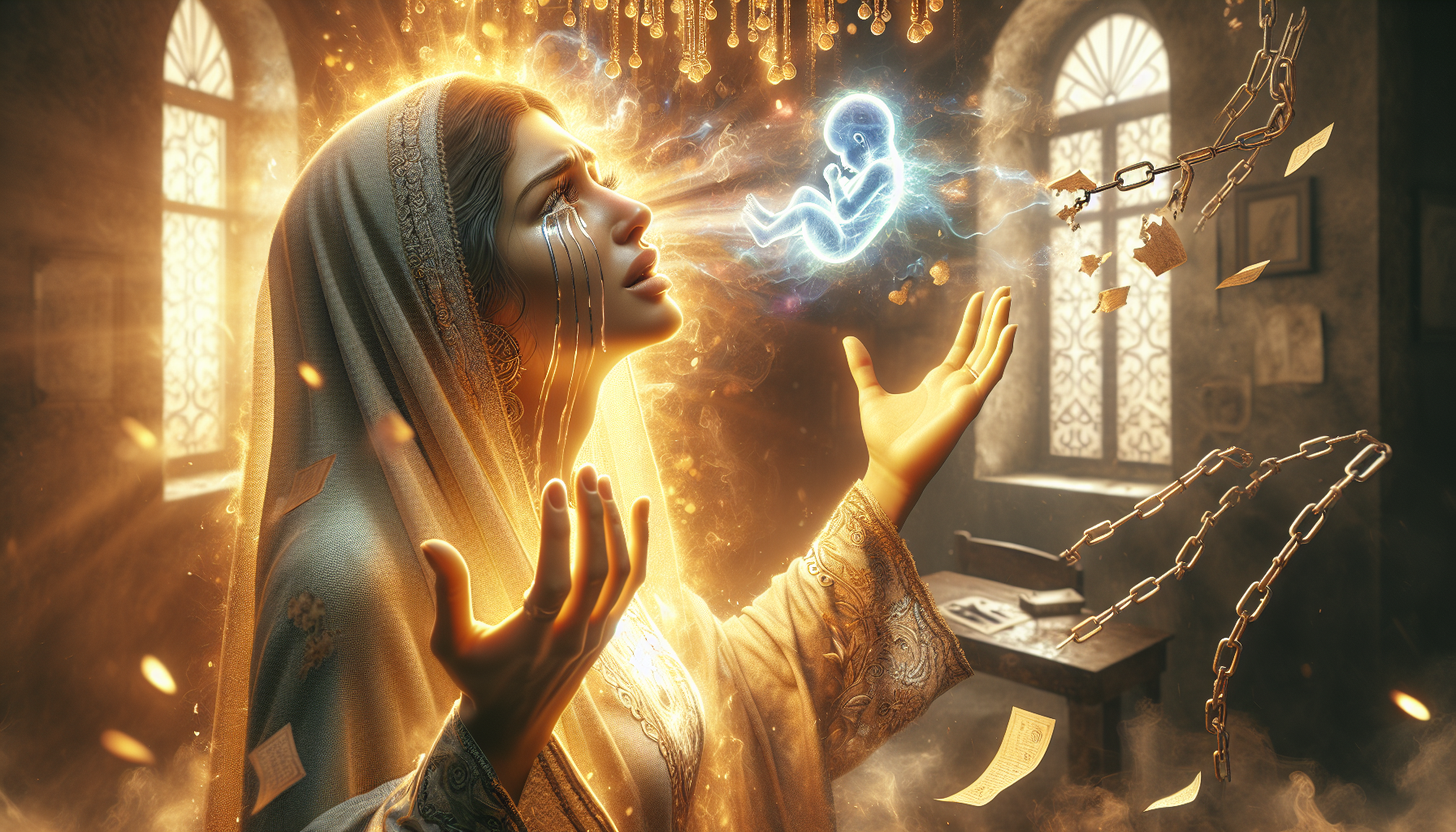 a woman crying tears of joy, divine golden light illuminating her face, glowing baby ultrasound in background, broken chains floating in light, a home filled with warmth, hands raised in worship, cinematic lighting, ethereal particles, heavenly glow, masterpiece, ultra-detailed, 4k, vertical composition