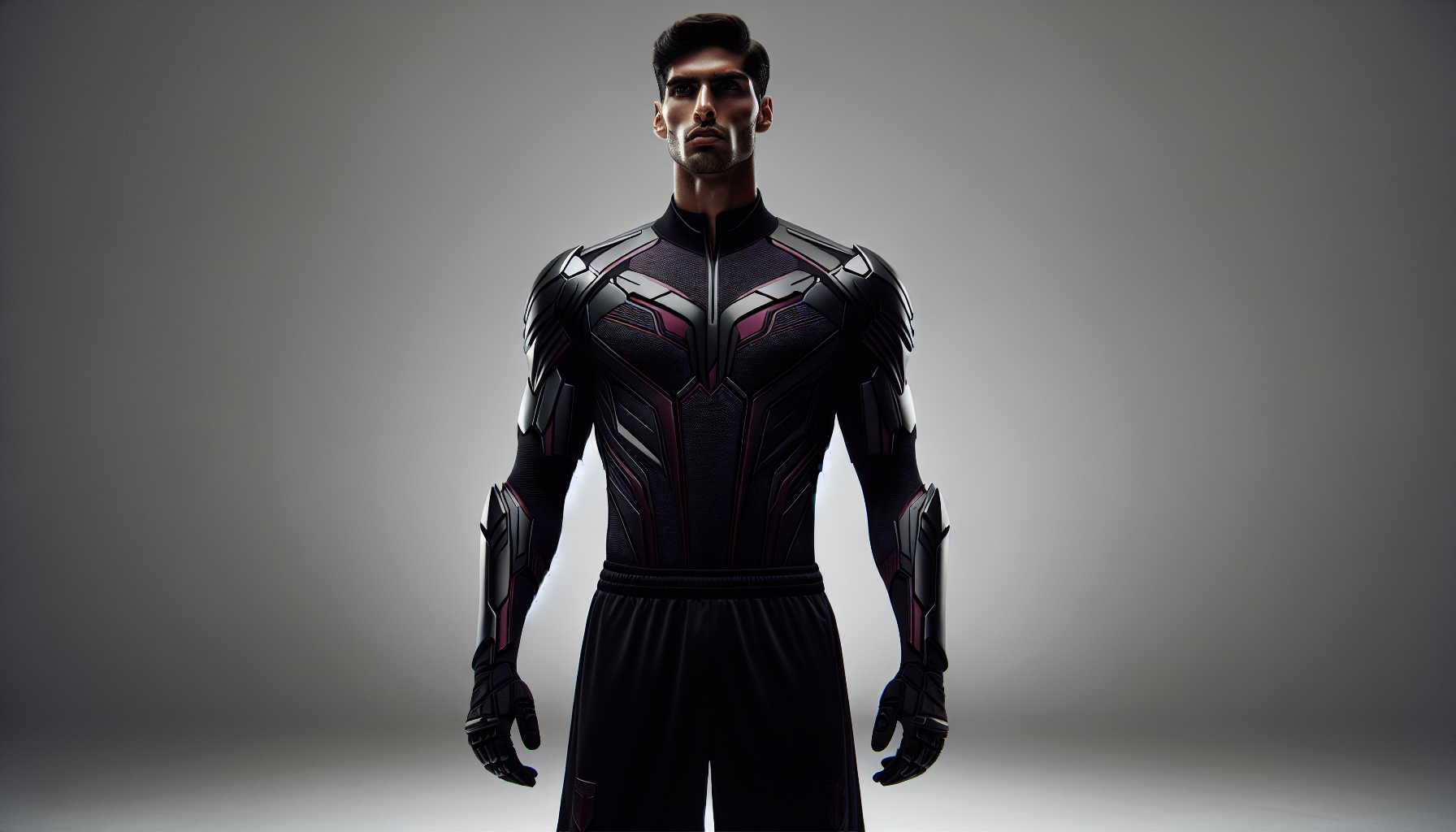 A male model standing straight on a pure white background, wearing the Inazuma Eleven Dark Emperors uniform: a dark, intimidating black and purple soccer suit with angular crimson accents, sharp shoulder designs, long-sleeved top with a high-tech armored feel, matching black shorts, dark gloves, and black boots. Full body, neutral pose, clean studio lighting.
