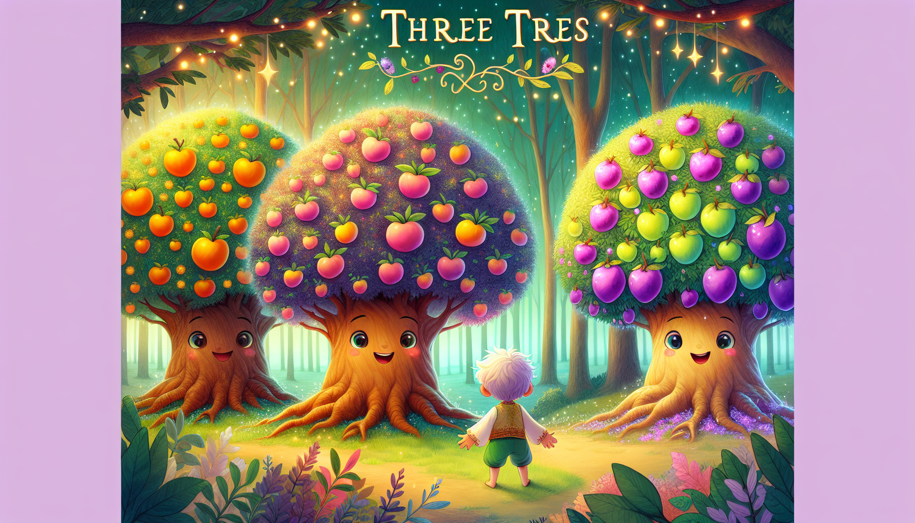 Create a bright, magical children’s book cover titled “Three Trees.” Show three friendly talking trees: a wise old oak tree with gentle eyes and a warm smile; a funny mango tree with playful expression and colorful mangoes; and a calm plum tree with soft, peaceful normal eyes and purple plums. Include a small, curious little boy standing happily in front of them. Style the illustration in Disney storytelling, with soft lighting, glowing sparkles, and a forest background. Use vibrant colors, whimsical shapes, and a warm, inviting atmosphere suitable for a kids’ picture book cover. Add space at the top for the title Three Tree in bold golden letters.