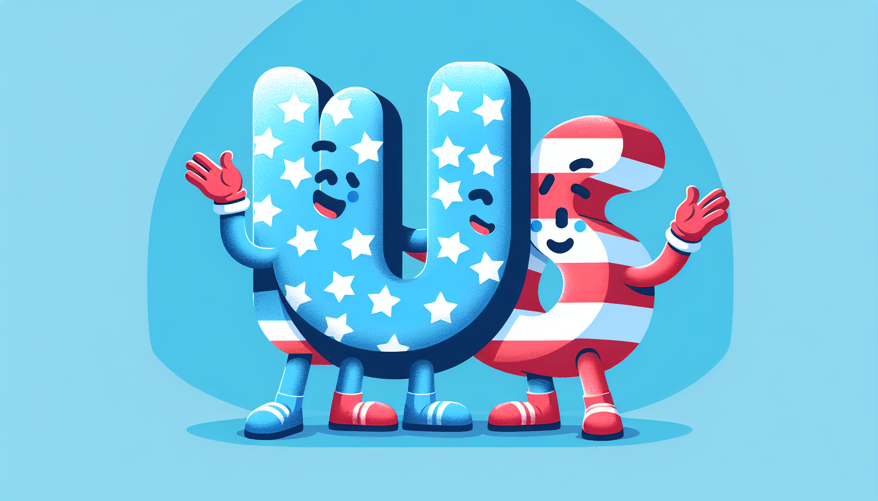 make a stylized "US" logo with the letter "U" blue with white stars and the letter "S" red and white stripes; style them as people with their arms around each other like friends, or holding hands in the air, or something.