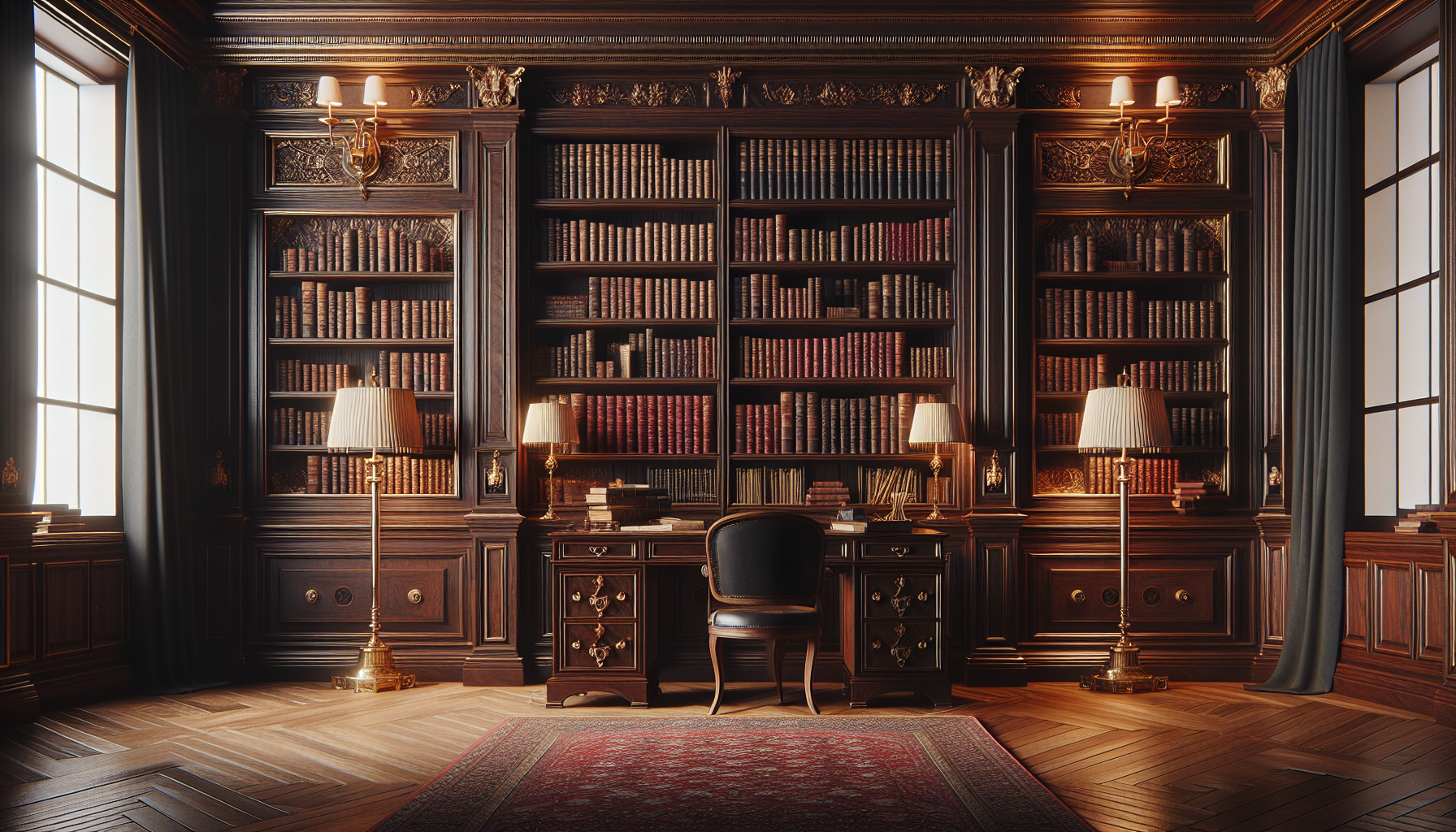 Modifica questo prompt, non generare immaigni: l'inquadratura deve essere frontale





A wide-angle, richly detailed interior photograph of a classic, opulent private library or study. The room is defined by floor-to-ceiling dark mahogany or walnut wood paneling and bookshelves, entirely filled with hundreds of uniformly bound antique books in shades of deep red, brown, and gold. The paneling features elegant, traditional molding and columns, lending a strong dark academia, traditional club, or luxurious office aesthetic. In the foreground right, there is a large, polished dark wooden desk with a classic leather top, featuring a brass-accented desk lamp with a black or dark green shade casting a focused pool of light. To the left and center-right, two tall, slender brass floor lamps with simple, wide, off-white or cream-colored fabric shades stand on the floor, providing a soft, warm ambient light. The light wood floor is laid in a herringbone parquet pattern, highly polished to reflect the overhead light. Two or three intricately patterned Persian or Oriental area rugs in rich tones of burgundy, navy, and beige partially cover the floor. The overall lighting is dim and warm, creating a serious, contemplative, and extremely luxurious atmosphere, typical of a high-end vintage interior. Photography style: Professional, high-resolution interior photography, cinematic, 4K, focus on wood texture and warm lighting.