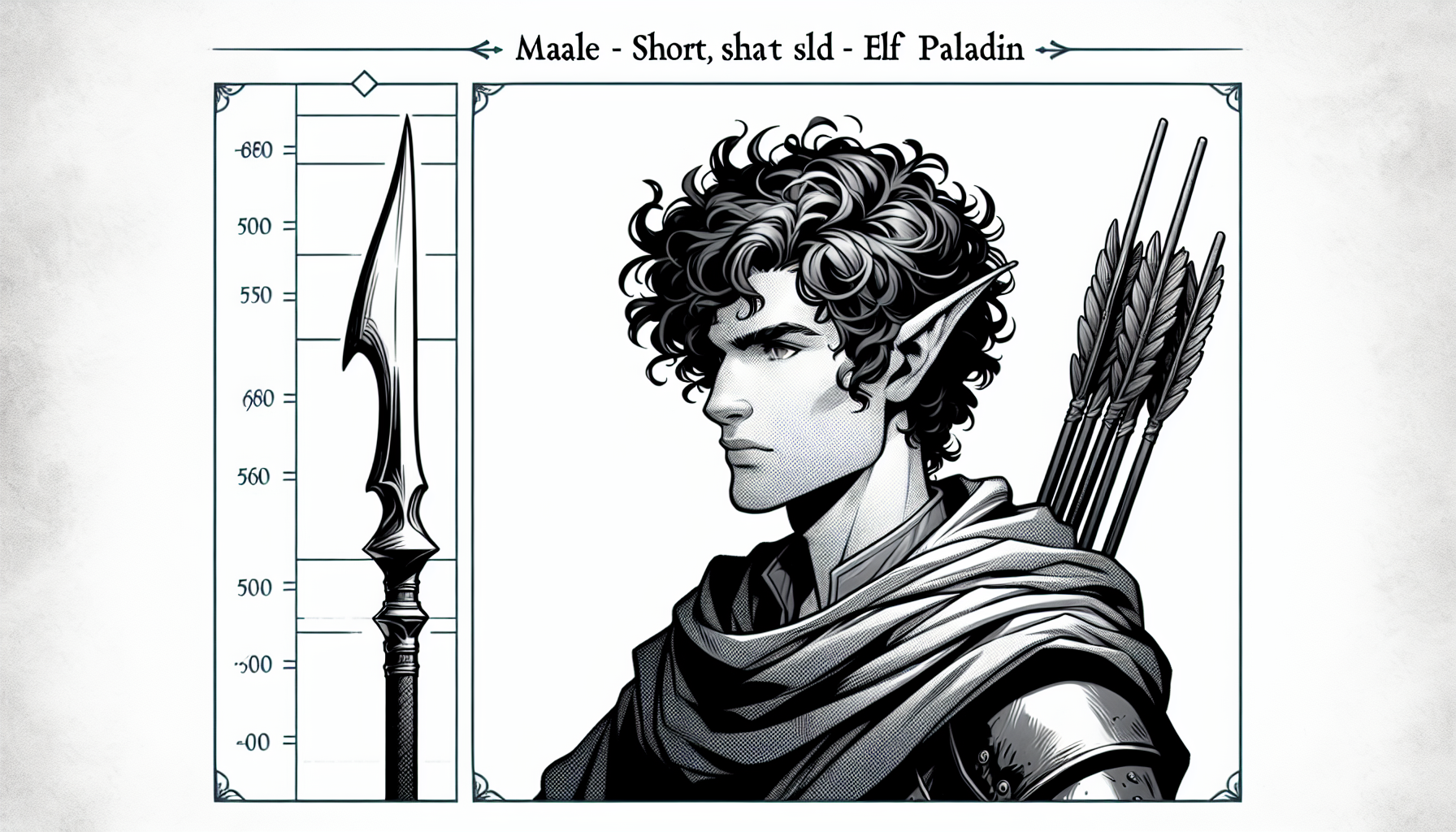 generate a male skinny and short curry hair Half elf paladin with a spear