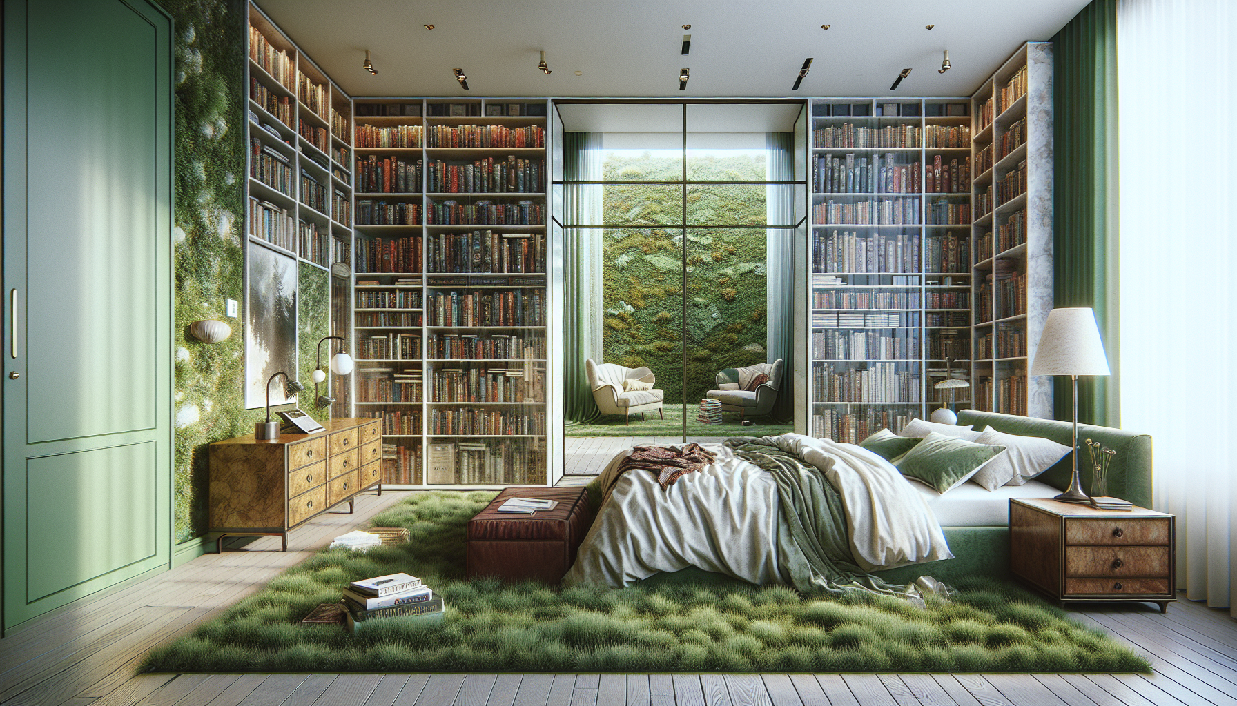 medium bedroom with queen furniture set and tow Ikea billy bookshelf full of fantasy and sci fi books with the doors of the closer being a wall of grass. the end wall of the bedroom have Cristal windows from the middle of the wall to the ceiling. the bed is facing the windows and the drawer is in the right wall in the left is the bed and decide the closet the bookshelf. behind the bed a loveseat I live bohemian style and green like some pride and prejudice 2005 movie