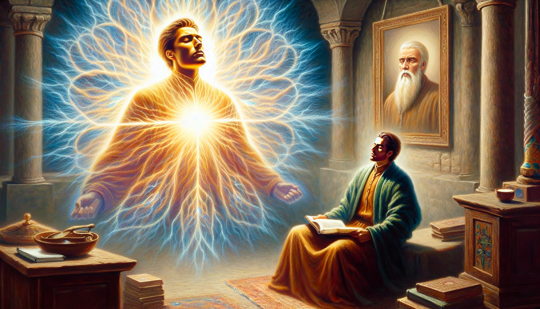 A person kneeling in prayer, surrounded by divine light, 
energy rising from the heart to heaven, 
holy presence, sacred atmosphere, 
spiritual connection. A man look at for yourself in a mirror
