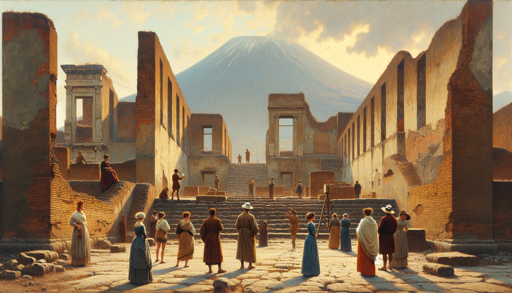 hand-painted oil painting created before the invention of photography, academic Salon history painting, no photographic reference

Visitors walking quietly among the ruins of Pompeii, ancient walls in the foreground, Mount Vesuvius visible beyond

reflective composition echoing the opening panel, consistent eye level, figures modest in scale

subdued earth palette, softened edges, contemplative light from the left

no photography, no photorealism, no cinematic lighting, no digital painting, no modern illustration, no montage, no collage, no dramatic effects
