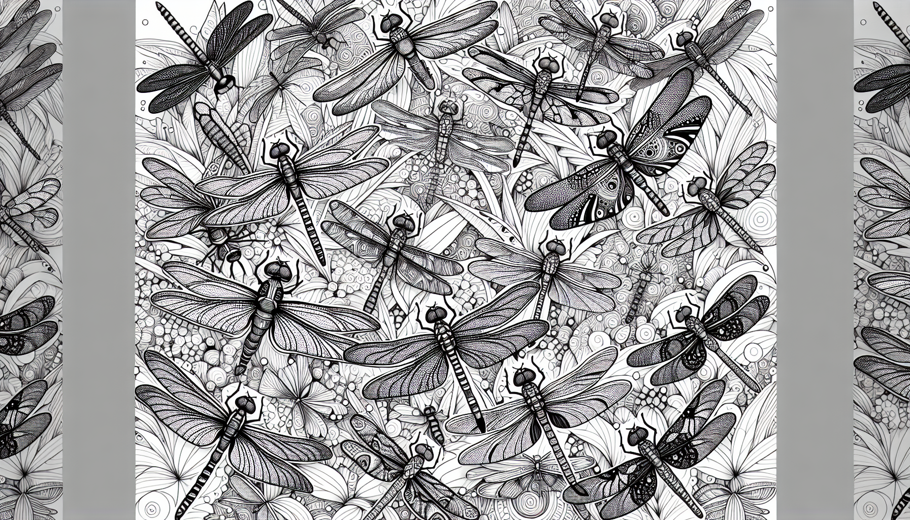 Coloring page with many different sizes of dragonflies 
