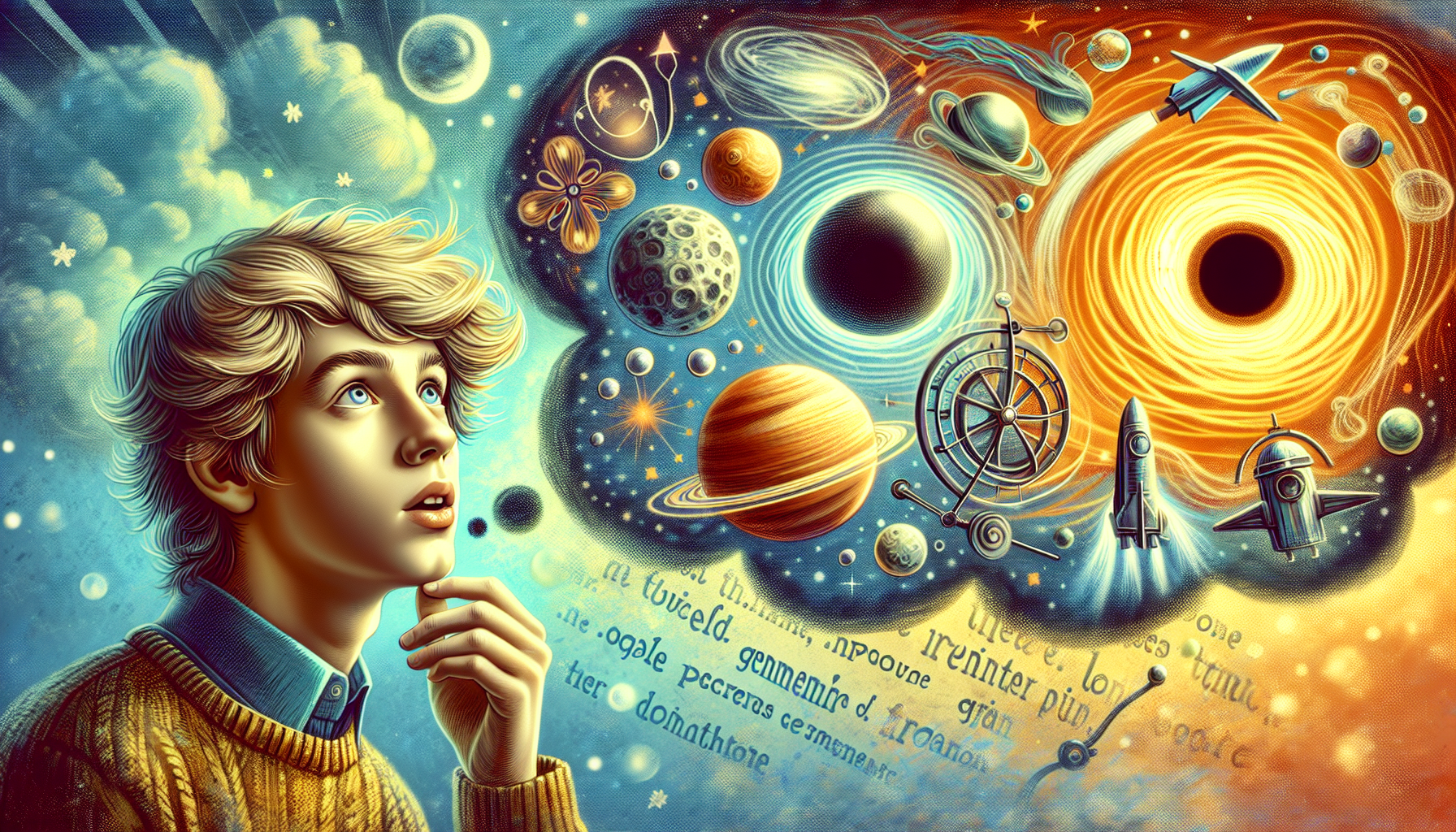 quiero crear una imagen artistica donde aparezca un adolecente imaginando la fuerza de gravedad, seria interesante que de fondo aparezcan imagenes simbolicas de la gravedad como son los agujeros negros, el movimiento de los planetas , naves despegando ,etc. 
te dejo un texto en el cual voy anexar la imagen, asi que podrias utilizarla para crear la imagen:
Hace mucho tiempo, antes de que existieran los libros de ciencia, las personas pensaban que este fenómeno era una especie de hechizo de la naturaleza. Algunos creían que las cosas caían porque querían regresar a su lugar de origen, como si las piedras extrañaran la tierra. Otros pensaban que el mundo tenía imanes mágicos ocultos en su centro que nos mantenían prisioneros, impidiéndonos flotar hacia el cielo. Es como si todo fuera mágico.
Pero como ocurre en los mejores cuentos, siempre hay alguien curioso que decide mirar más de cerca. Es posible que hayamos escuchado la historia de que hace unos 350 años, un joven llamado Isaac Newton descansaba bajo la sombra de un manzano cuando vio caer una fruta. En ese instante, su mente se iluminó con una idea revolucionaria: ¿y si esa 'mano invisible' que tiraba de la manzana era la misma que mantenía a la Luna girando alrededor de la Tierra?
Newton se dio cuenta de que la 'magia' no era caprichosa; seguía reglas matemáticas precisas. Descubrió que la Gravedad es un lazo que une a todo lo que tiene masa (es decir, de lo que están hechas todas las cosas). Pero este lazo tiene sus secretos: cuanto más pesado es un objeto, más fuerte tira de los demás; y cuanto más lejos nos vamos, ese abrazo se vuelve más débil, como un susurro que se apaga en la distancia.
Sin embargo, la historia de este misterio no terminó con Newton. A principios del siglo XX, otro genio de cabellera revuelta llamado Albert Einstein se dio cuenta de que la gravedad era todavía más extraña de lo que imaginábamos.
Einstein nos propuso dejar de pensar en la gravedad como un lazo invisible y empezar a imaginarla como una deformación del espacio mismo. Para entenderlo, imaginen que el Universo es una gran manta elástica extendida. Si apoyamos una bocha de acero pesada (como el Sol) en el medio de la manta, esta se hundirá formando un pozo. Si luego lanzamos una bolita pequeña (como la Tierra) cerca de ese pozo, la bolita no caerá en línea recta, sino que empezará a dar vueltas alrededor del hundimiento.
¡Eso es la gravedad para Einstein! No es que el Sol 'tire' de la Tierra con una mano invisible, sino que el Sol es tan pesado que curva el espacio a su alrededor, y la Tierra simplemente sigue ese camino curvo. Con esta nueva idea, descubrimos que hasta la luz tiene que curvarse al pasar cerca de objetos gigantes, y que el tiempo mismo corre más lento donde la gravedad es más fuerte. La magia se volvió geometría, y el espacio-tiempo se transformó en un escenario elástico y vibrante donde todo lo que existe deja su huella."