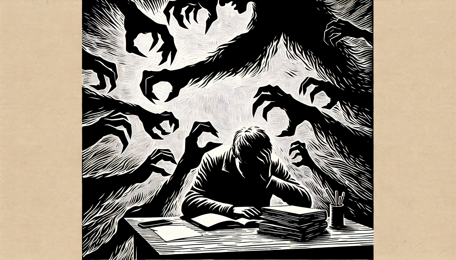  a lone figure sitting at a desk overwhelmed by shadows pressing inward, white paper background, dense black ink crosshatching engraving, Gustave Doré woodcut style, dramatic lighting, intricate line work, high contrast black and white illustration