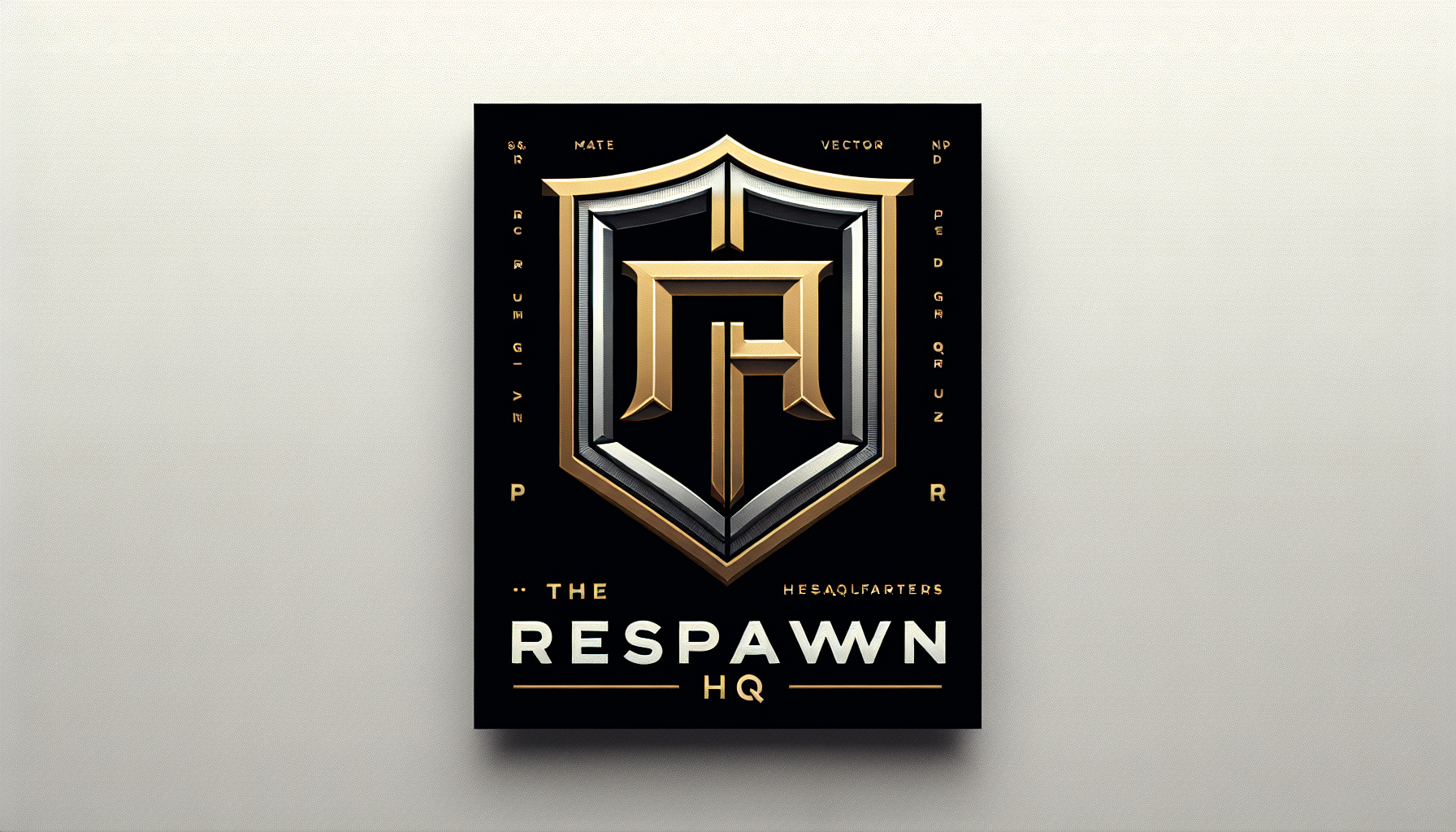 Sophisticated, minimalist logo featuring an elegant, clean letter 'R' combined with a classic headquarters shield. Matte gold and silver metallic colors against a pure black background. Serious, premium, geometric design. Typography 'THE RESPAWN HQ' in bold, clean Sans-serif font below. 8k resolution, vector graphics --no glowing elements.