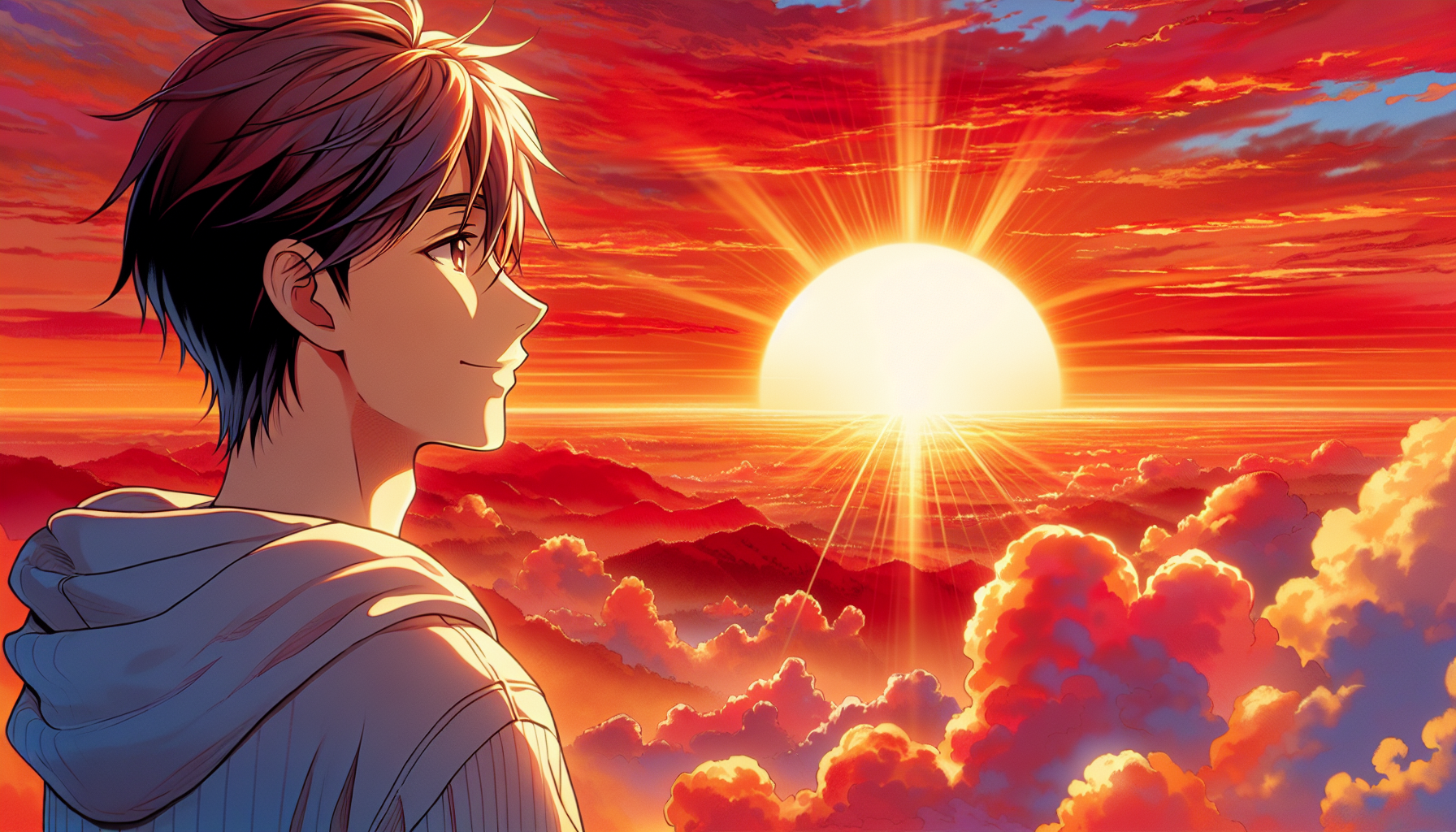 un jeune homme regardant le soleil levant