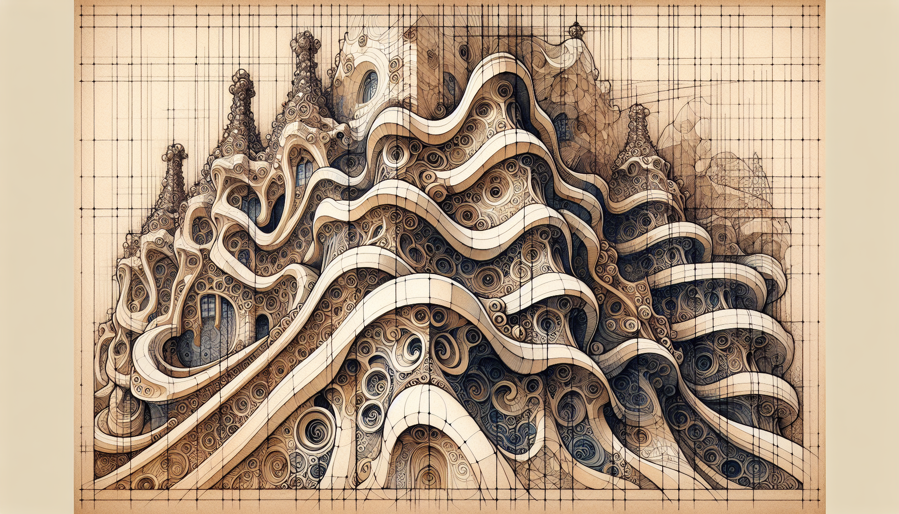 Tema de Gaudi y la naturaleza. Incluye construcciones de curvas y enlaces estudiadas en el temario de dibujo técnico de primero de bachillerato. Formato A4.