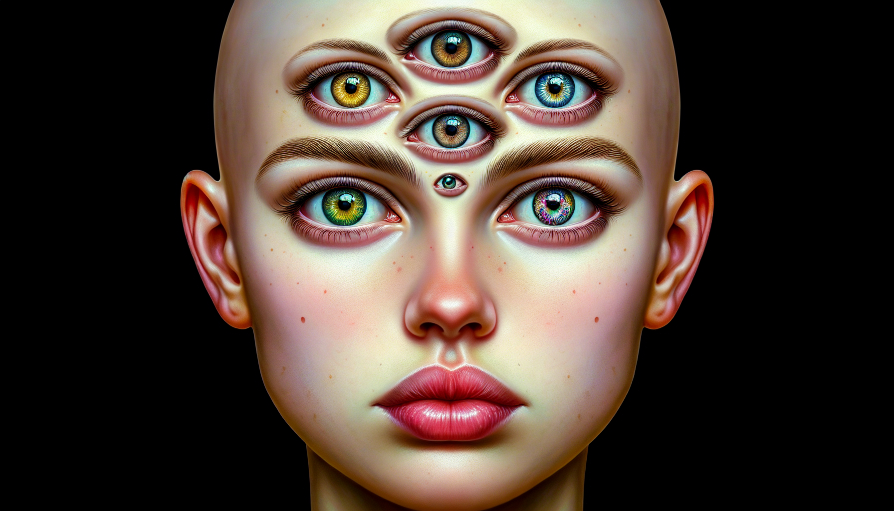 picture of a young adult bald girl with 5 eyes
