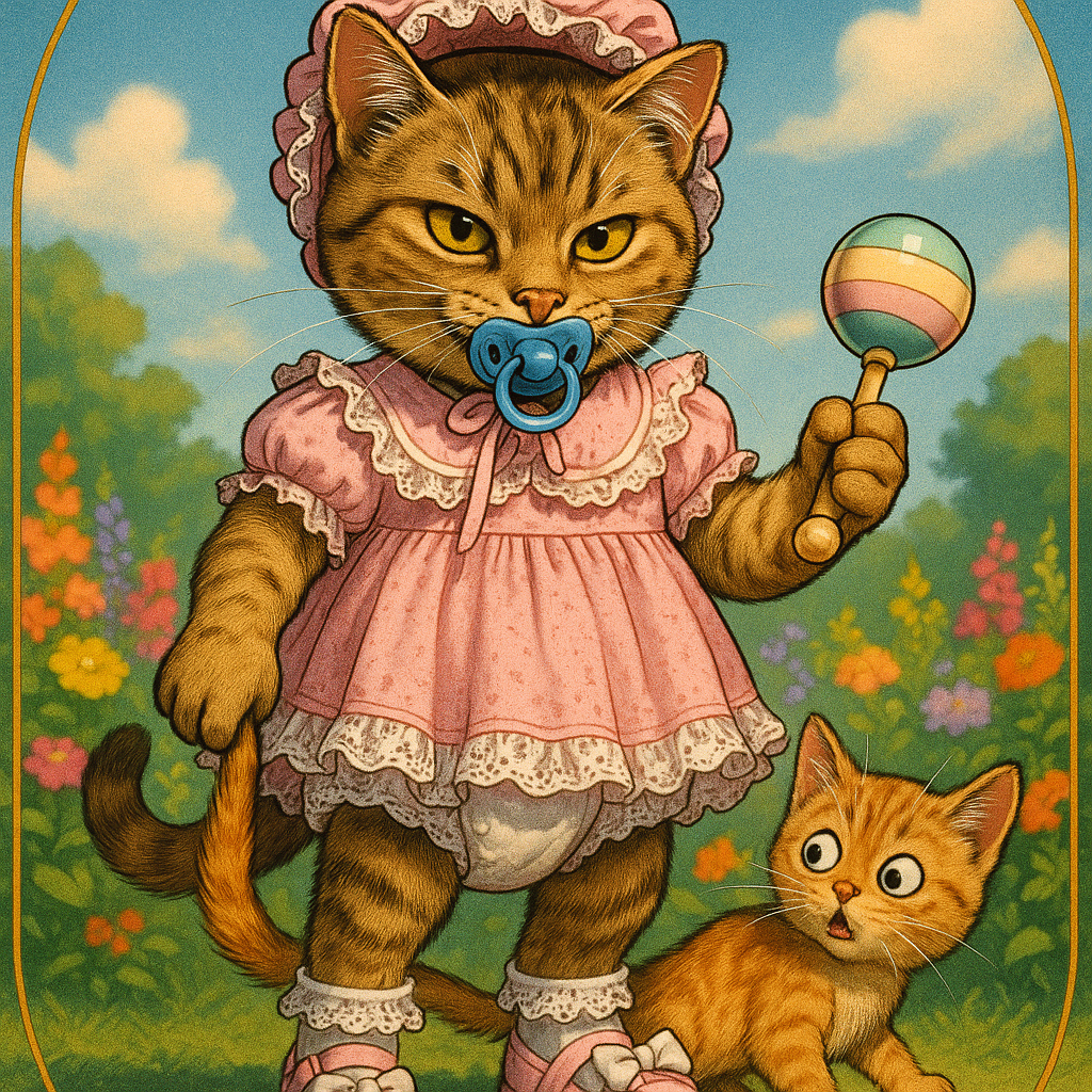 Créer une image d'un format de 1024 x 1393 du même chat que sur la photo. Le chat est vu en entier. Il est anthropomorphique. Le chat  est habillé comme un bébé : il a une jolie petite robe rose faite de volants et dentelle. Il a un joli petit chapeau sur la tête, de belles petites socquettes blanches avec une bordure de dentelle et il porte de belles sandales roses avec petits nœuds blancs dessus.  Il est très drôle. Le chat a une jolie tétine bleue dans la bouche. On voit le chat de face. Il est bien centré au milieu de l’image. L’arrière-plan est un beau jardin avec plusieurs fleurs de différentes couleurs. Avec  une de ses pattes, le chat s’amuse à tirer la queue d’un tout petit chaton qui lui aussi est très drôle et avec l’autre patte il tient un hochet.  Le ciel est bleu et lumineux. Superbes couleurs et contrastes. Ambiance cinématographique, style photoréaliste, haute définition, 3 D. L’image du chat est délimitée par un petit ovale dorée.