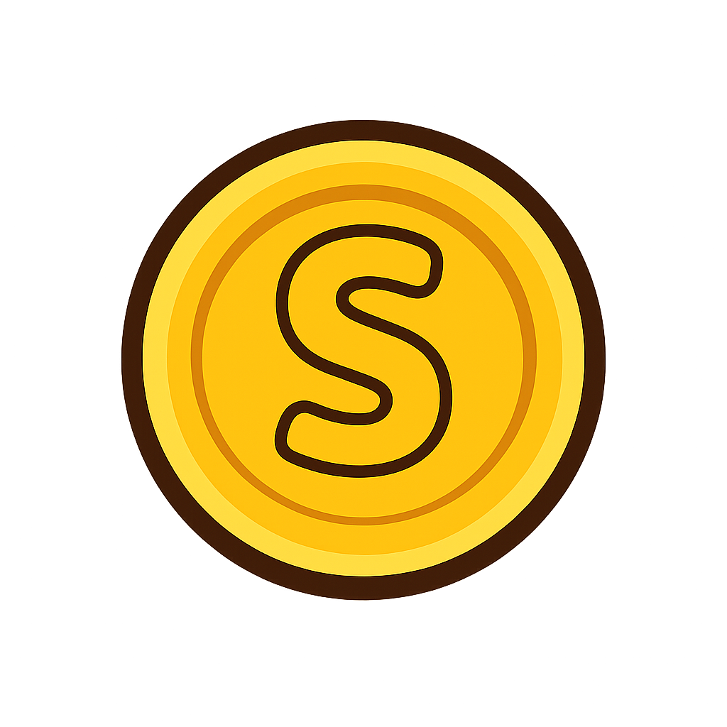 Game currency icon, circular golden coin with "S" letter engraved, metallic shine, 2D flat design mobile game UI, clean vector style, 64x64, transparent background