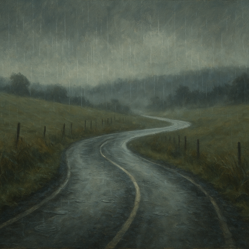 A lonely winding country road in the rain.
