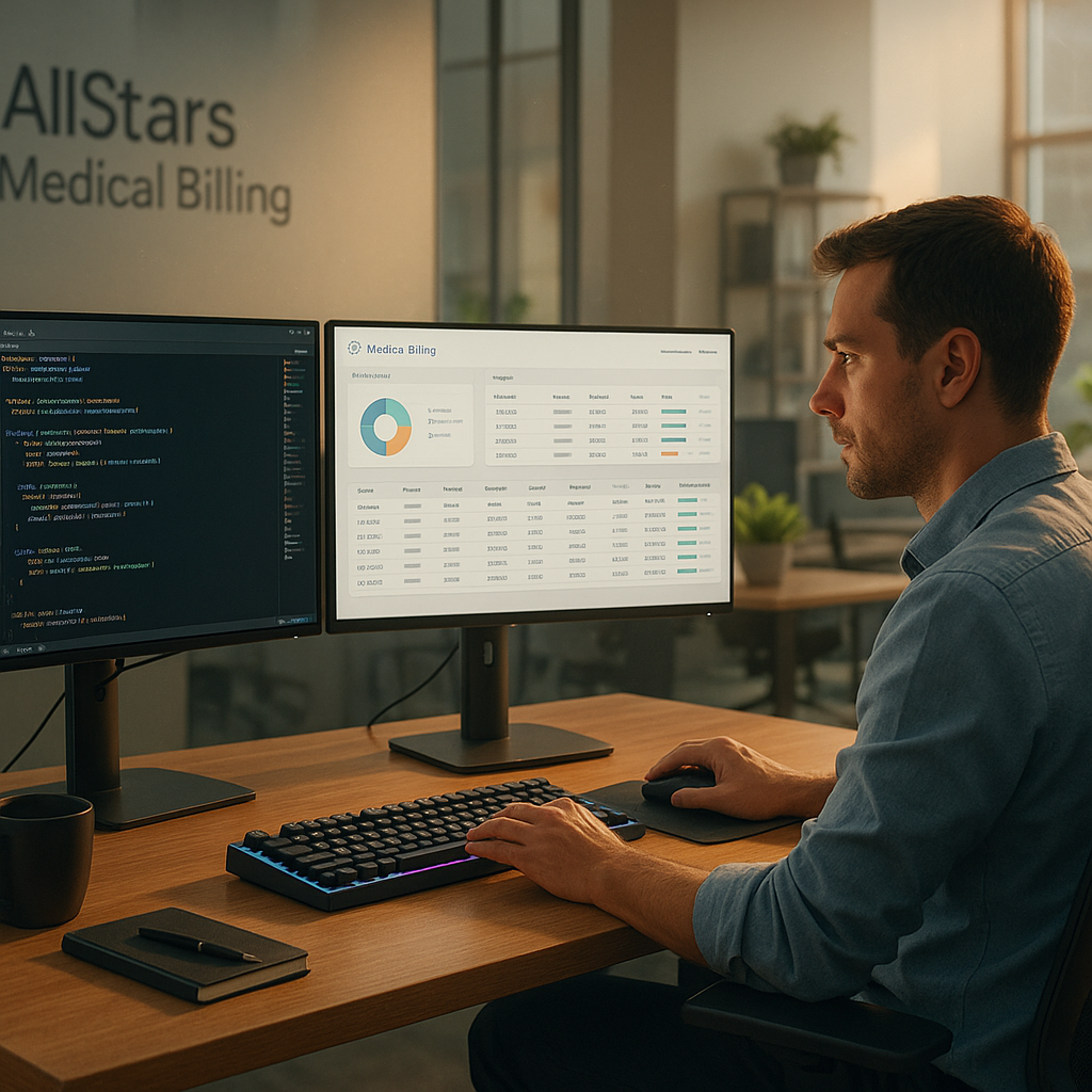 man working coding in office named as AllStars Medical billing  with proper system