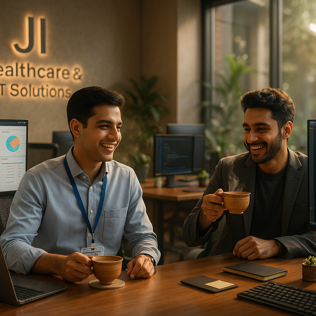 

A realistic, ultra-detailed 4K cinematic photo of a modern corporate IT office in Pakistan. Two young professional friends are sitting next to each other at their desks, fully enjoying a happy moment, laughing and drinking Pakistani chai from traditional mugs. The first guy, Junaid Iqbal, is a clean-shaved Medical Billing Specialist looking at his premium setup which consists of a sleek laptop connected to two large vertical and horizontal dual-monitors displaying medical billing software graphs, patient charts, and healthcare dashboards. In the background, on the elegant office wall, a backlit modern logo reads "JI Healthcare & IT Solutions". Right next to him, his friend, a trendy IT Developer with a light beard, is working on his own dual-screen setup filled with dark-themed programming code (React Native/Node.js). The office has warm aesthetic lighting, indoor plants, large glass windows, and a highly professional yet friendly software house vibe.