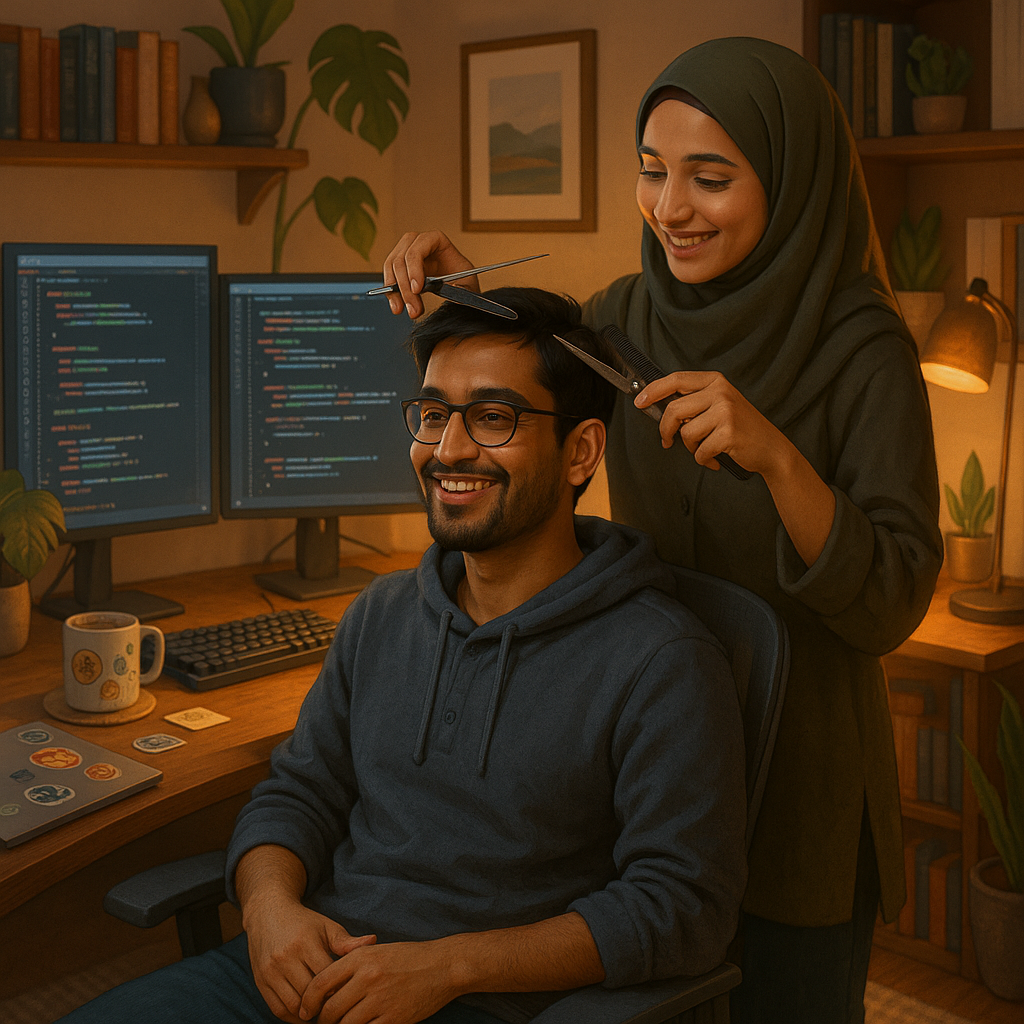 A warm and cozy digital art scene inside a modern home. Ali Raza, a Pakistani software developer, sits comfortably in a stylish chair near his home office setup — dual monitors glowing with code, a neat desk with keyboard, coffee mug, and stickers. He has a relaxed smile, wearing casual developer attire. His wife Zahra Begum stands beside him with a gentle smile, carefully giving him a stylish haircut using scissors and a comb, both enjoying a cheerful and loving atmosphere. The room has soft warm lighting, bookshelves, indoor plants, and a cozy aesthetic. The vibe is playful, modern, and heartwarming — a perfect blend of home life and tech culture. Illustrated in a semi-realistic digital art style with rich colors and fine details.