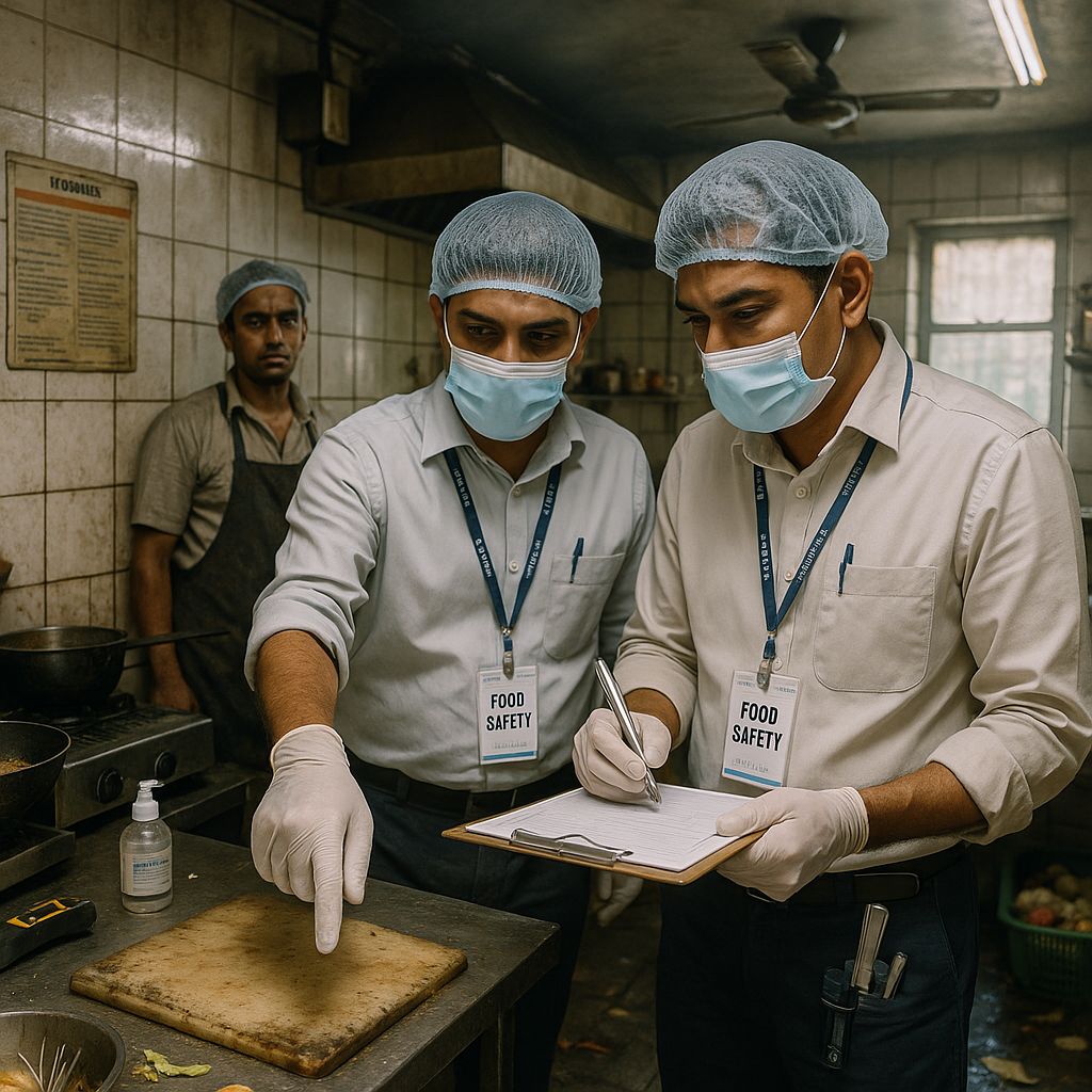 Make an image photorealistic with natural lighting and realistic skin textures, like a real DSLR photograph, no cartoon or illustration style, kerala food safety officers 
inspecting an unhygienic canteen kitchen