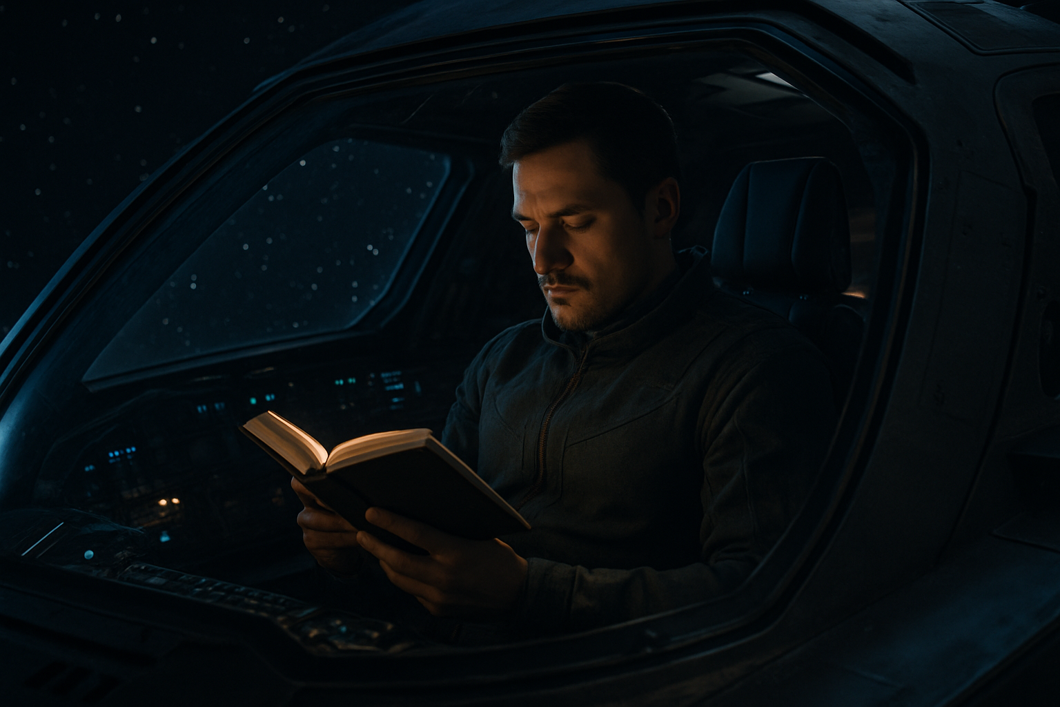 A man reading a book in a spacecraft, cockpit view from outside, space, stars, cinematic, futuristic cinematic still